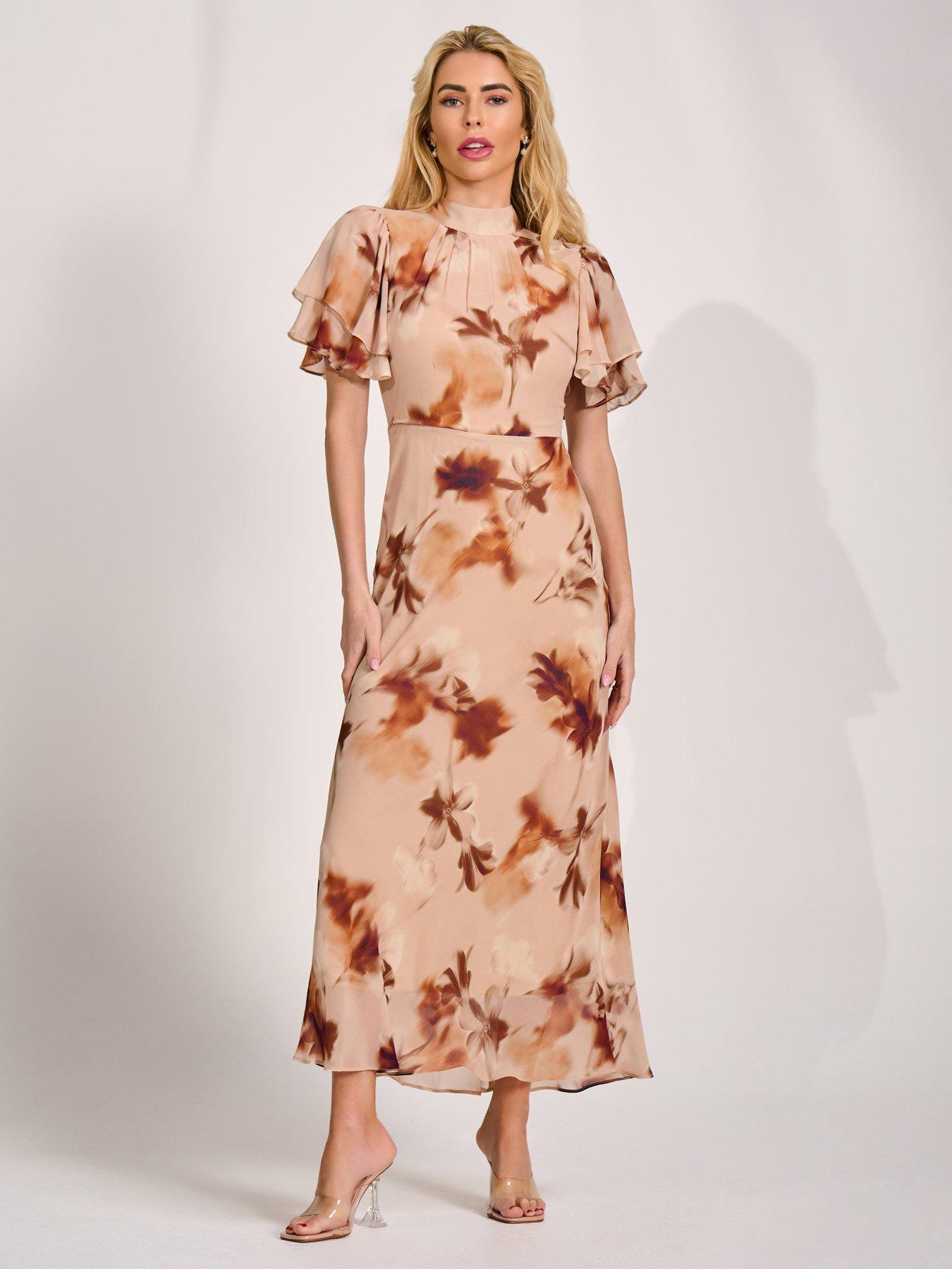 Image 5 of 7 of Jolie Moi High Neck Angel Sleeve Chiffon Maxi Dress - Brown