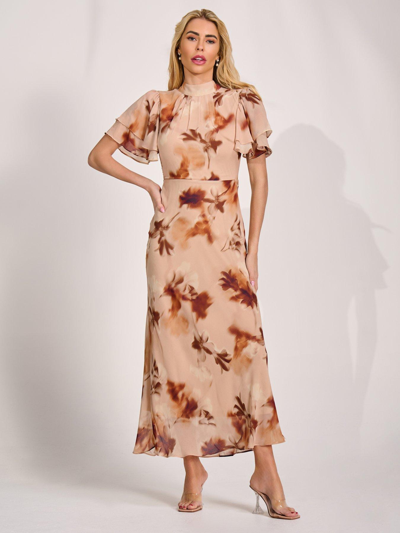 Image 6 of 7 of Jolie Moi High Neck Angel Sleeve Chiffon Maxi Dress - Brown
