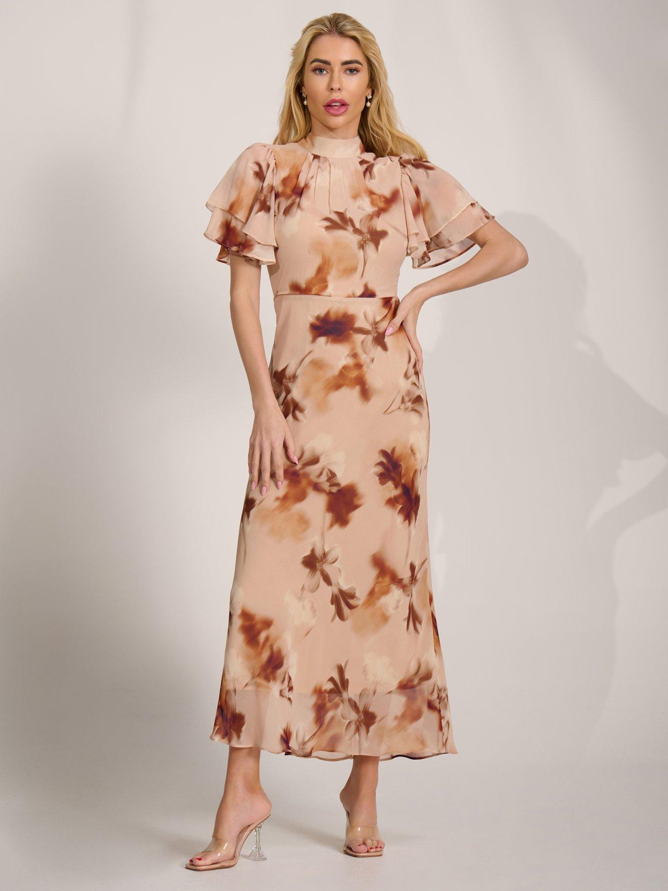 Image 7 of 7 of Jolie Moi High Neck Angel Sleeve Chiffon Maxi Dress - Brown