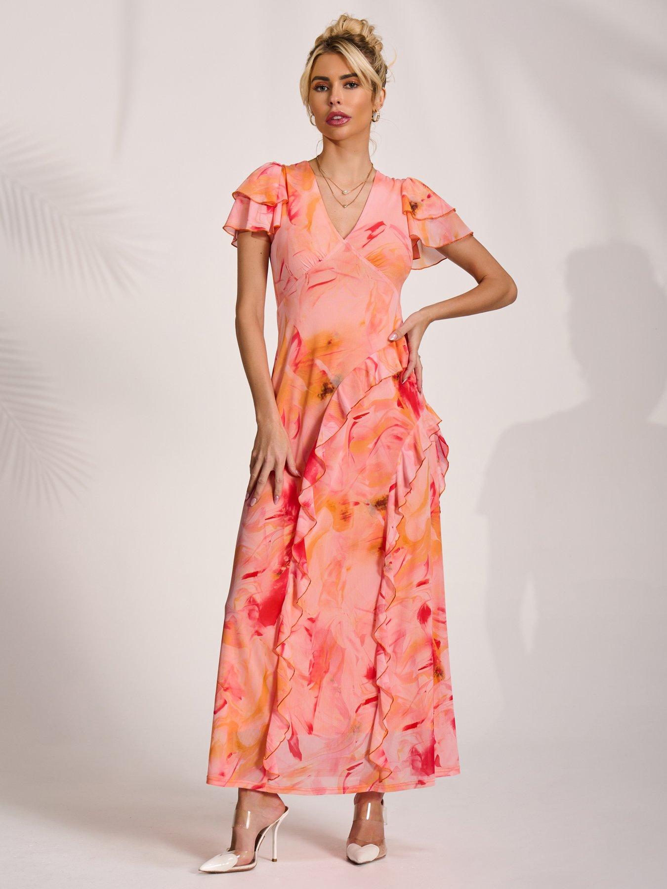 Jolie Moi Cap Sleeve Ruffle Mesh Maxi Dress - Orange