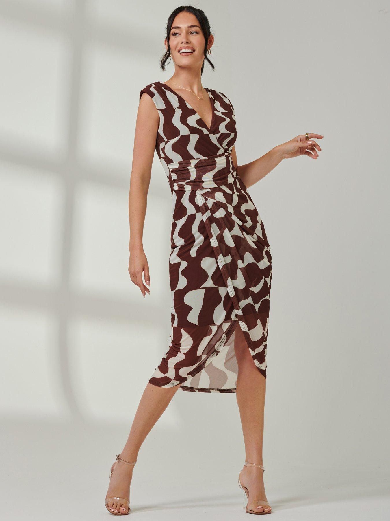Jolie Moi Mesh Wrap Ruched Bodycon Dress - Brown