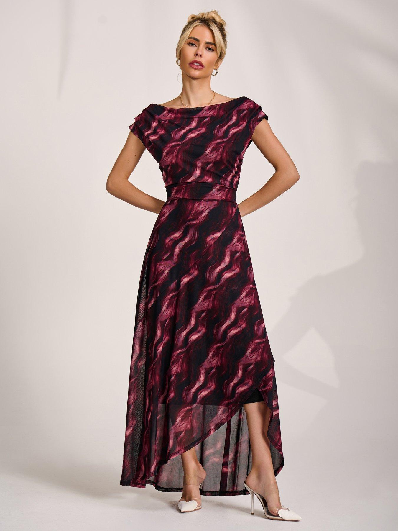 Jolie Moi Asymmetric Draped Mesh Maxi Dress - Pink