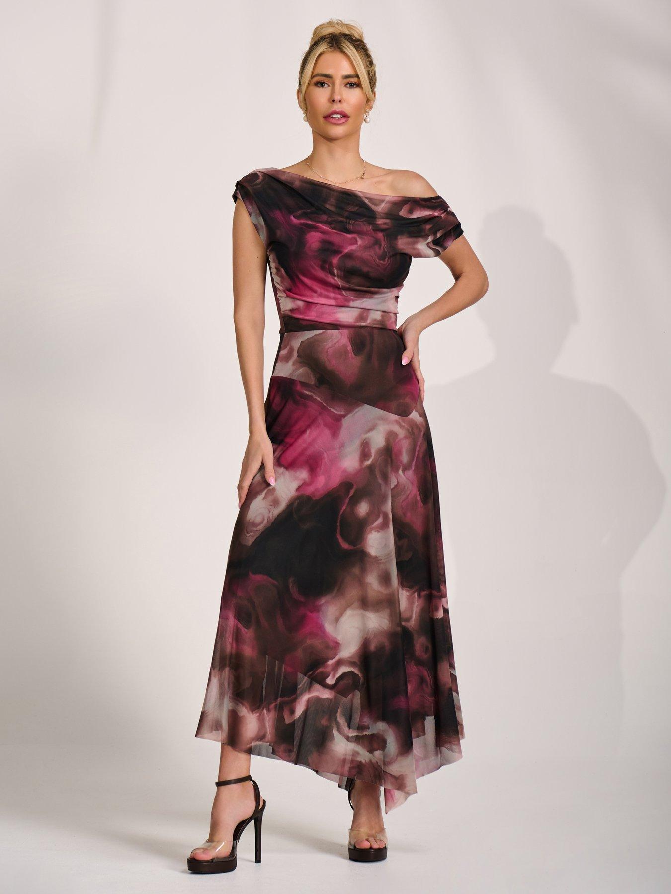 Jolie Moi Asymmetrical Draped Mesh Maxi Dress - Pink