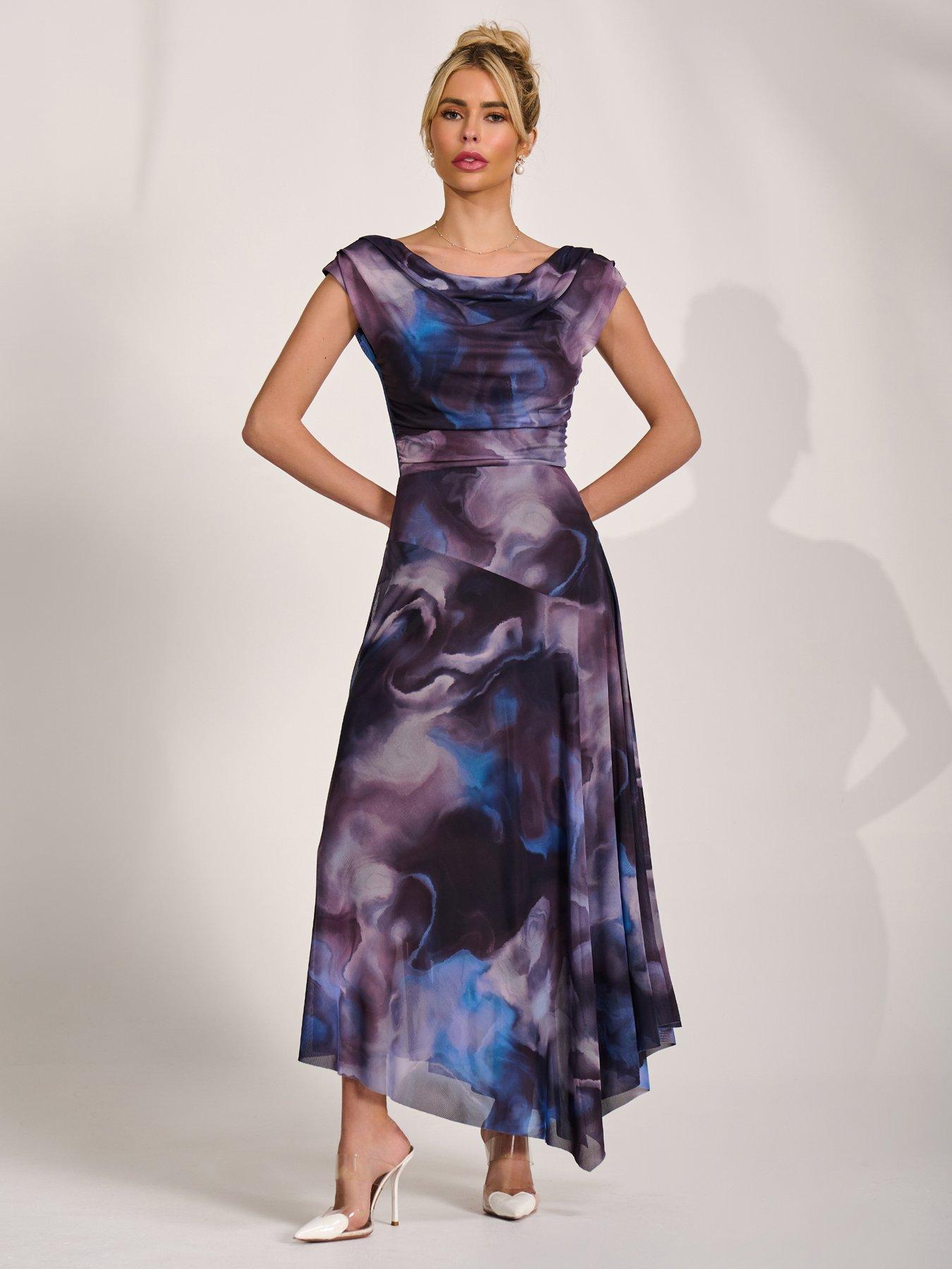 Jolie Moi Asymmetrical Draped Mesh Maxi Dress - Blue