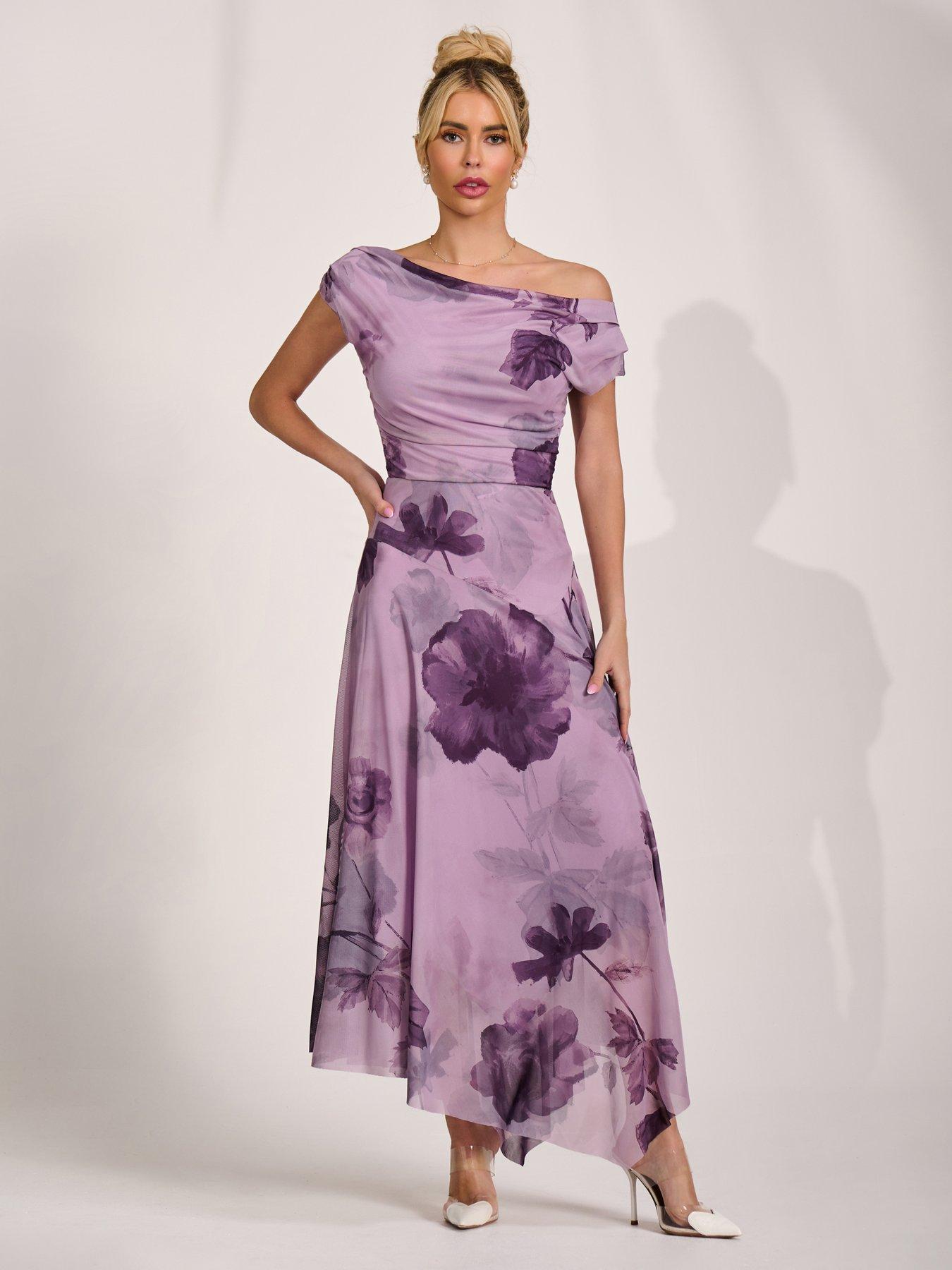 Image 1 of 7 of Jolie Moi Asymmetrical Draped Mesh Maxi Dress - Purple