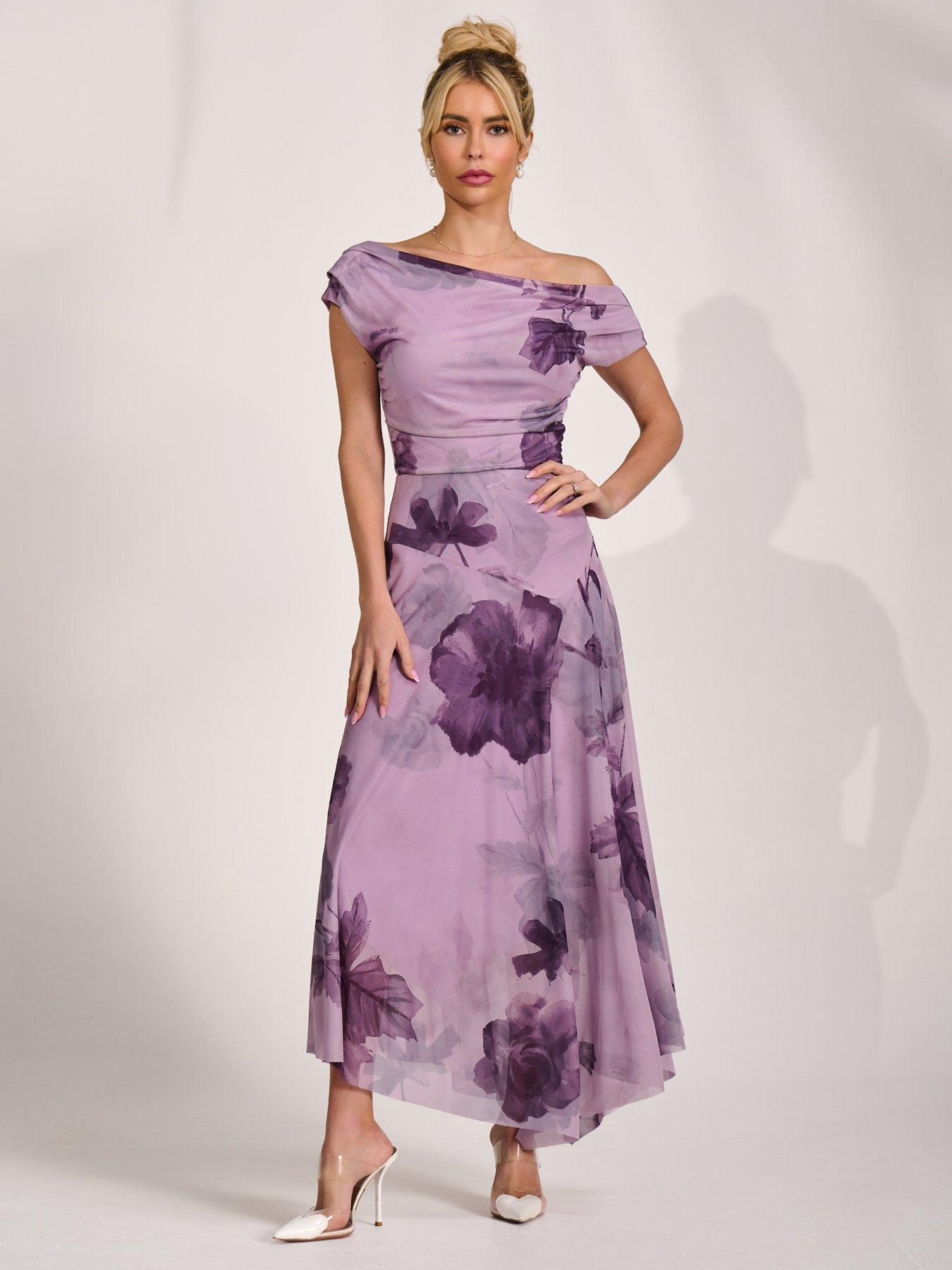Image 3 of 7 of Jolie Moi Asymmetrical Draped Mesh Maxi Dress - Purple