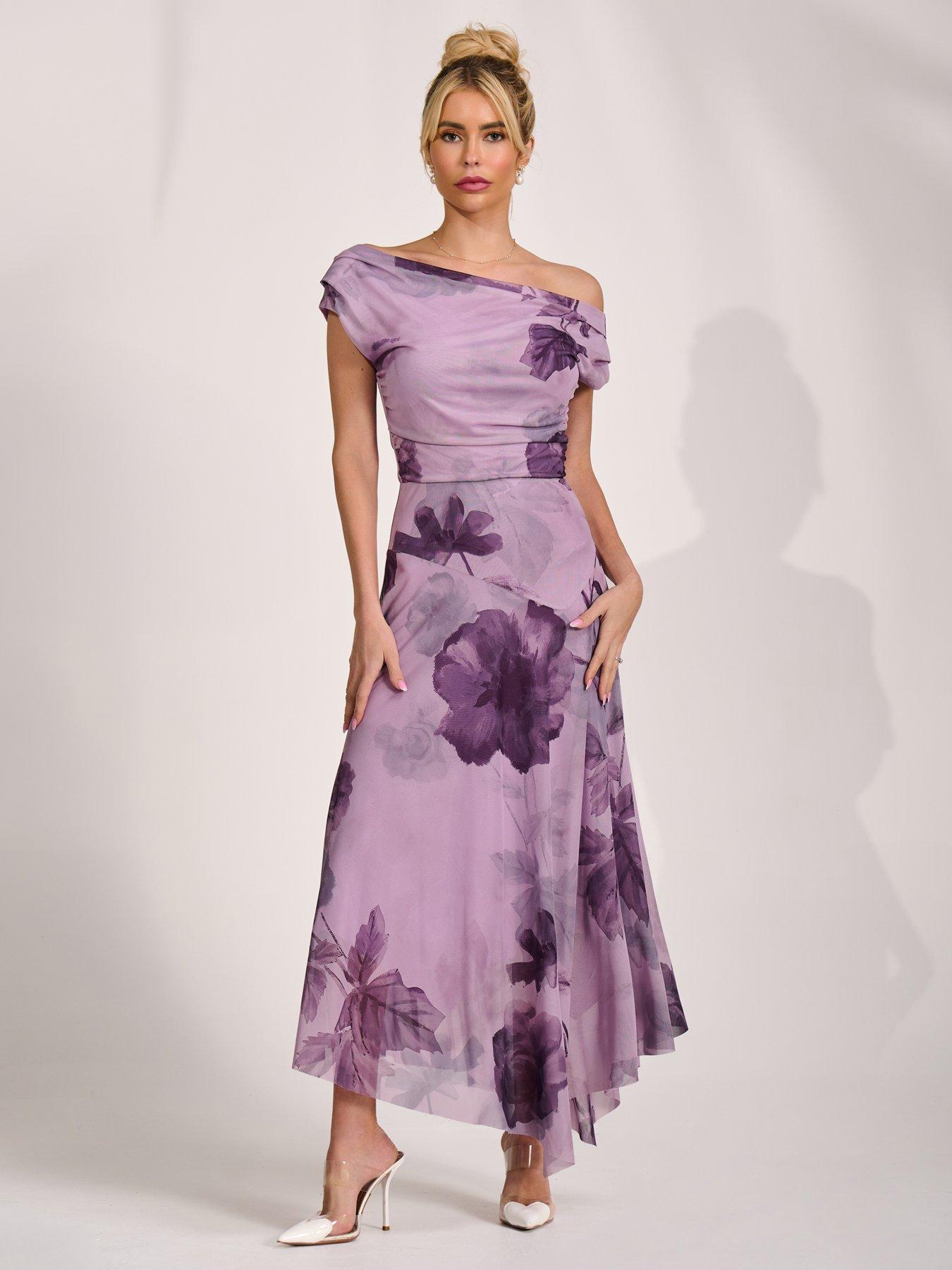 Image 5 of 7 of Jolie Moi Asymmetrical Draped Mesh Maxi Dress - Purple