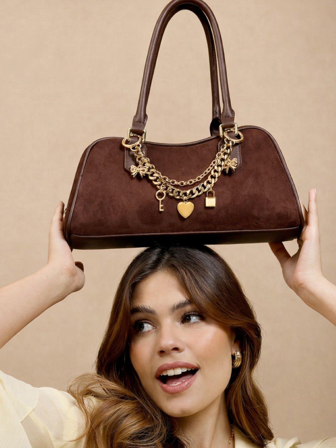 Image 1 of 4 of Little Mistress Chocolate Faux Suede Chain Charm Bag - Brown