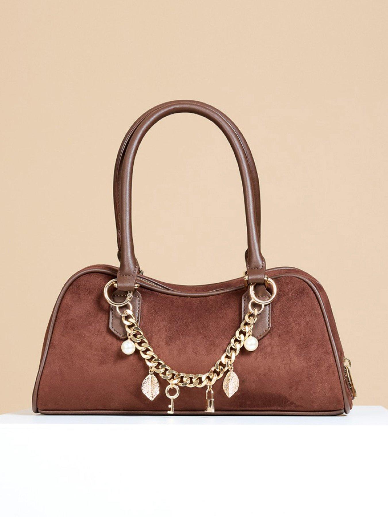 Image 2 of 4 of Little Mistress Chocolate Faux Suede Chain Charm Bag - Brown