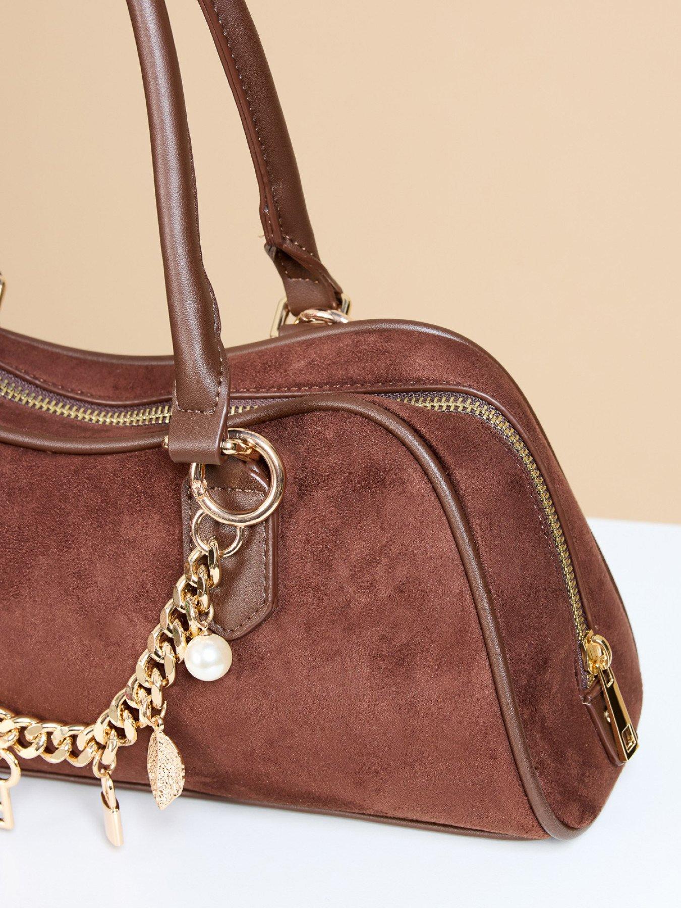 Image 3 of 4 of Little Mistress Chocolate Faux Suede Chain Charm Bag - Brown