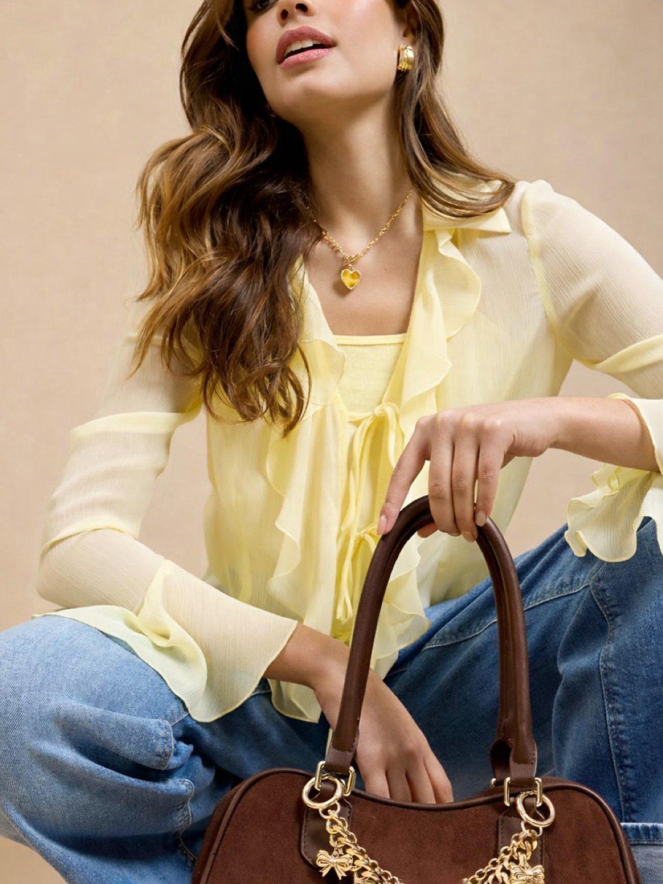 Image 4 of 4 of Little Mistress Chocolate Faux Suede Chain Charm Bag - Brown