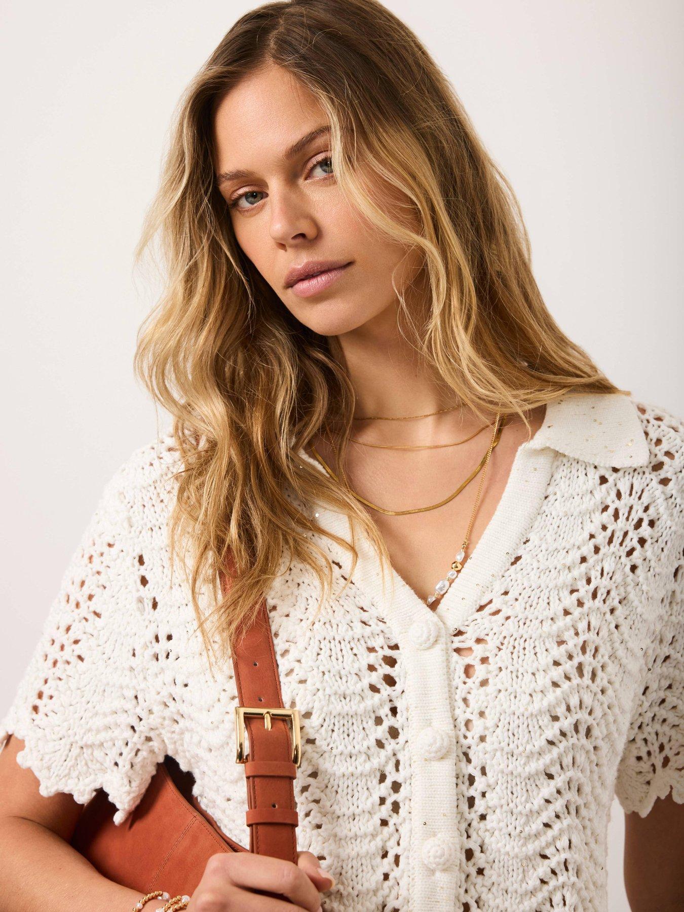 Image 3 of 6 of Mint Velvet Ivory Sparkle Crochet Top - White