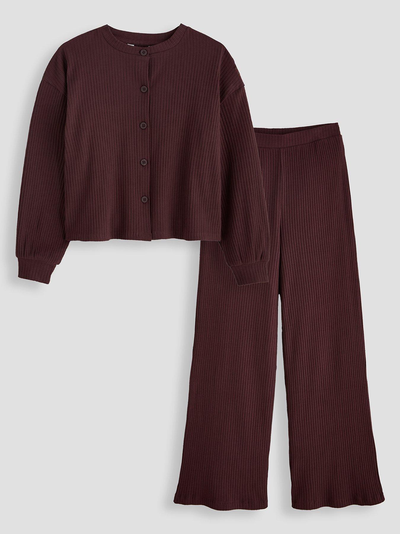 Image 1 of 5 of The Very Collection Girls Wide Rib Button Up Oversized Top With Wide Leg Trouser - Chocolate Brown