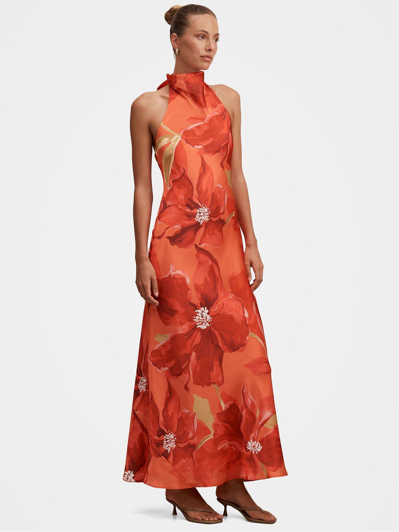 open lace back dress Danni Asym Bow Midi Dress Orange Fire