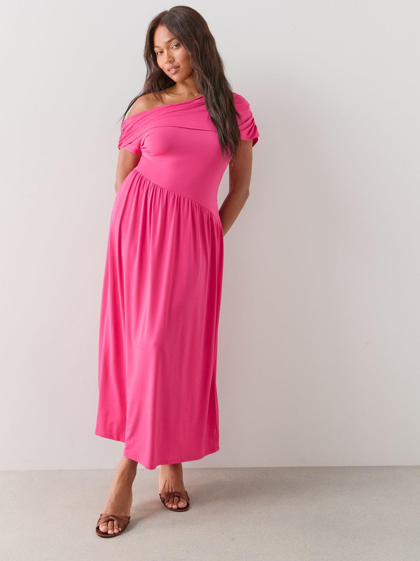 Image 1 of 6 of The Very Collection Curve Off Shoulder Asymmetric Midi Dress - Pink
