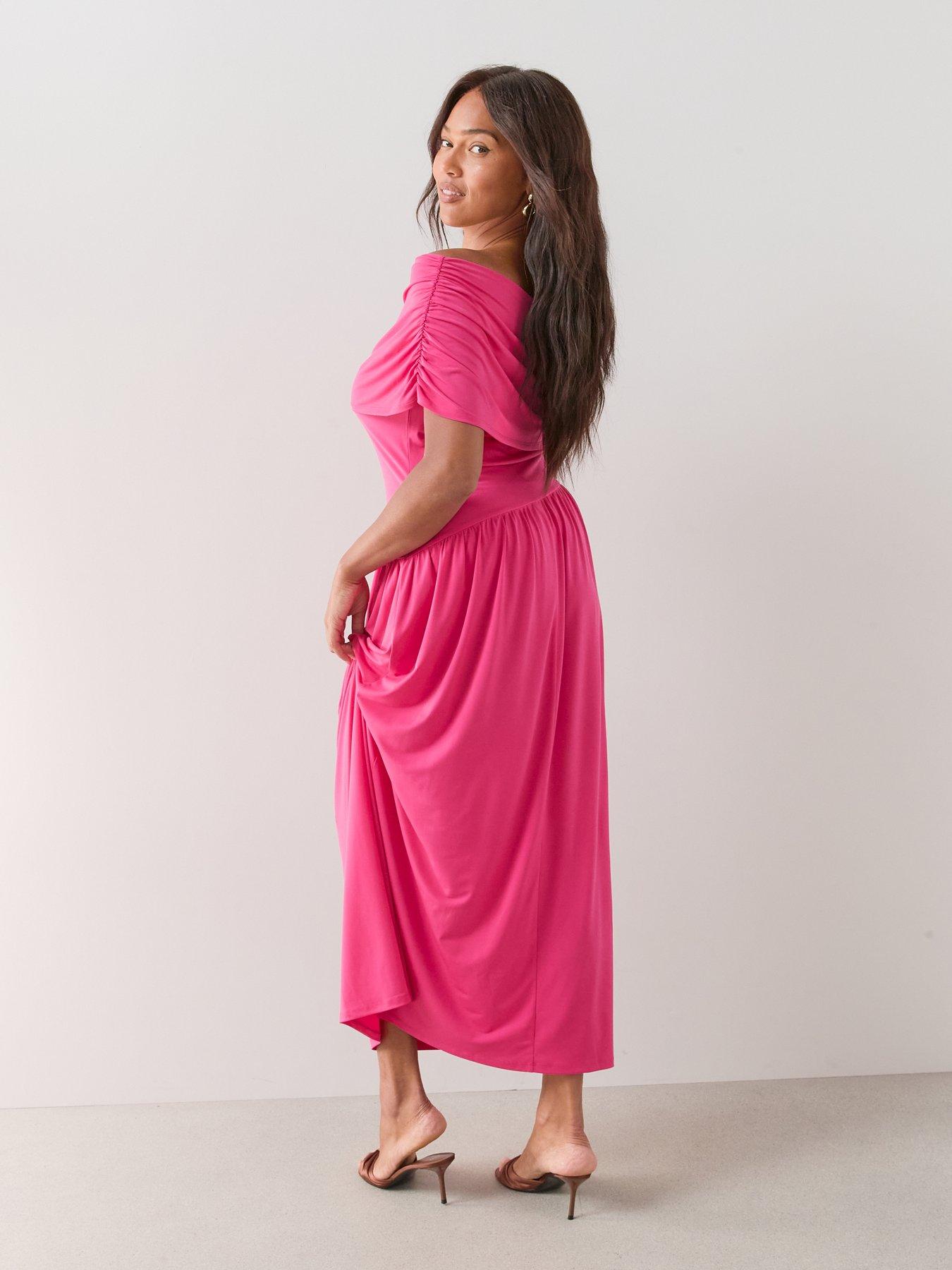 Image 2 of 6 of The Very Collection Curve Off Shoulder Asymmetric Midi Dress - Pink