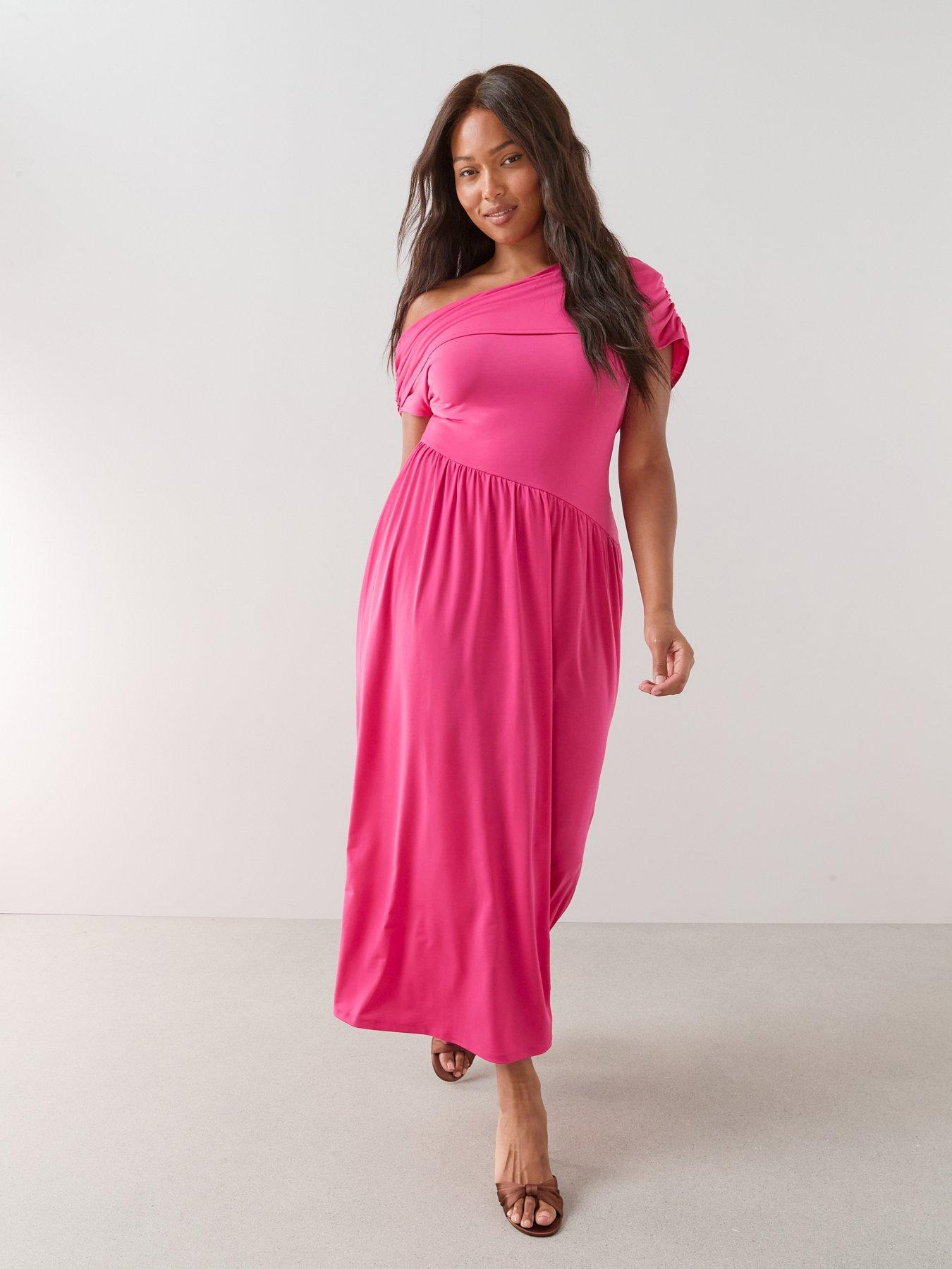 Image 3 of 6 of The Very Collection Curve Off Shoulder Asymmetric Midi Dress - Pink
