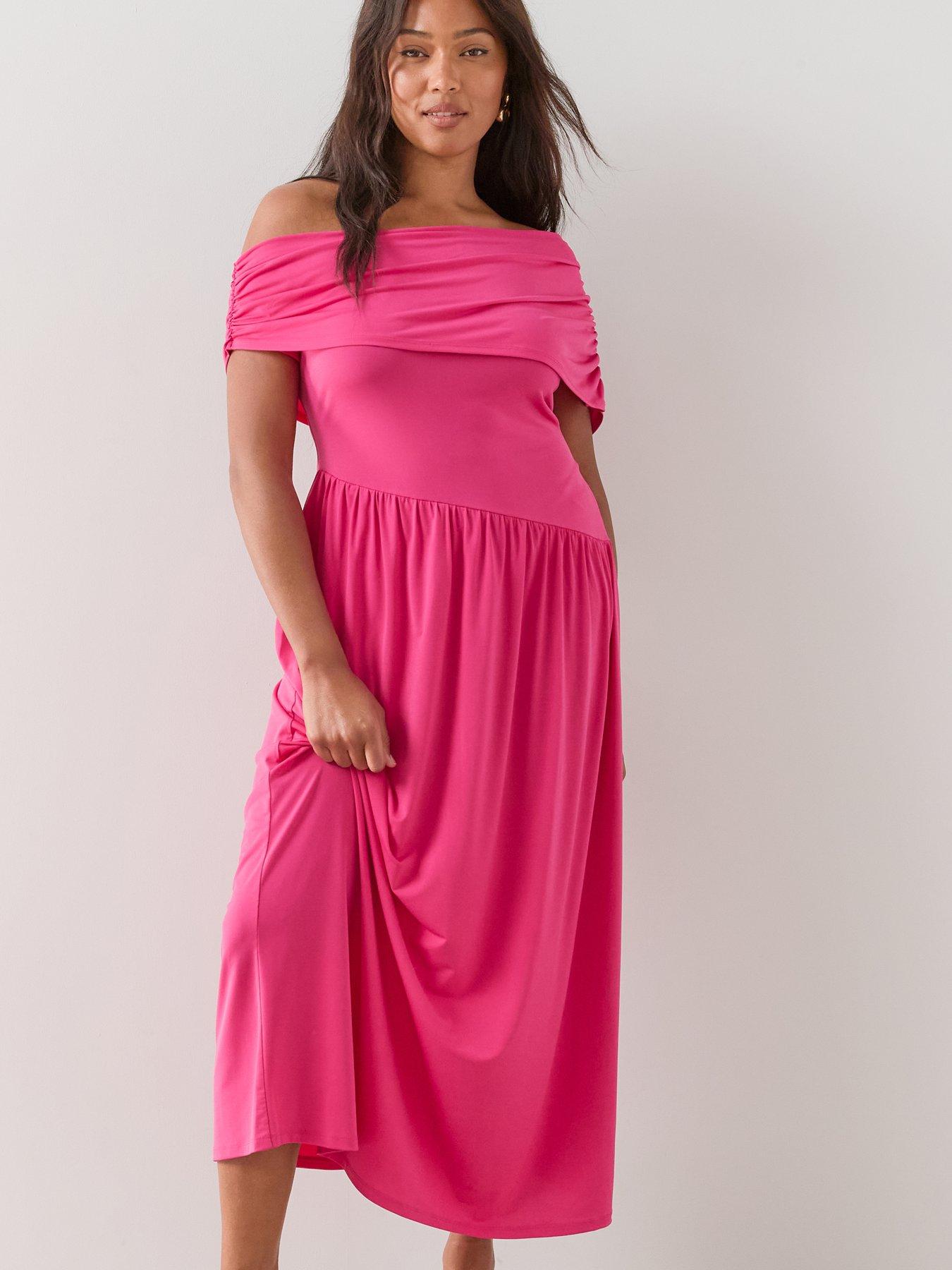 Image 5 of 6 of The Very Collection Curve Off Shoulder Asymmetric Midi Dress - Pink