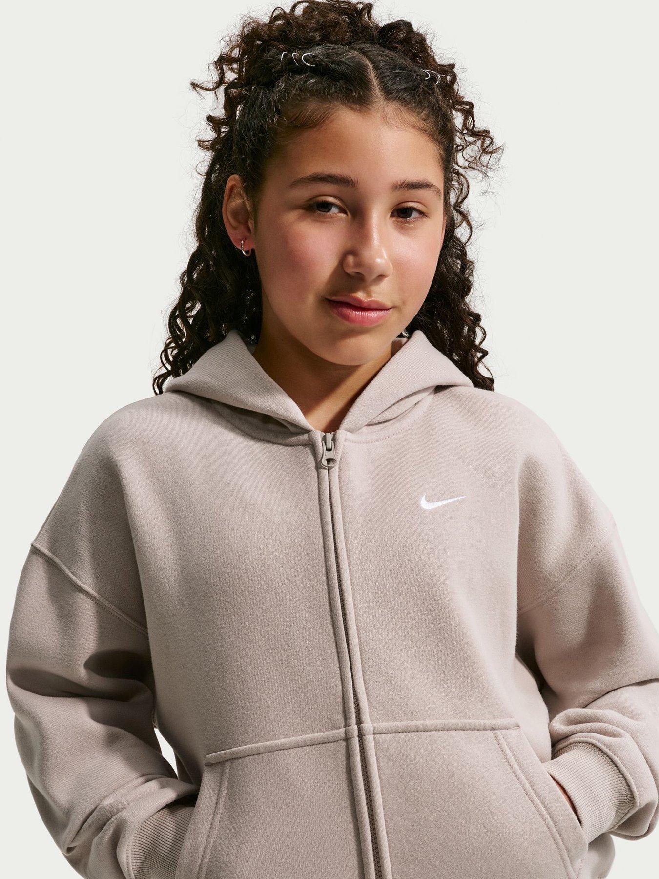 Nike Girls Gris ' Zipped Hooded Sweatshirt Sportswear Studio Fleece - Image 4