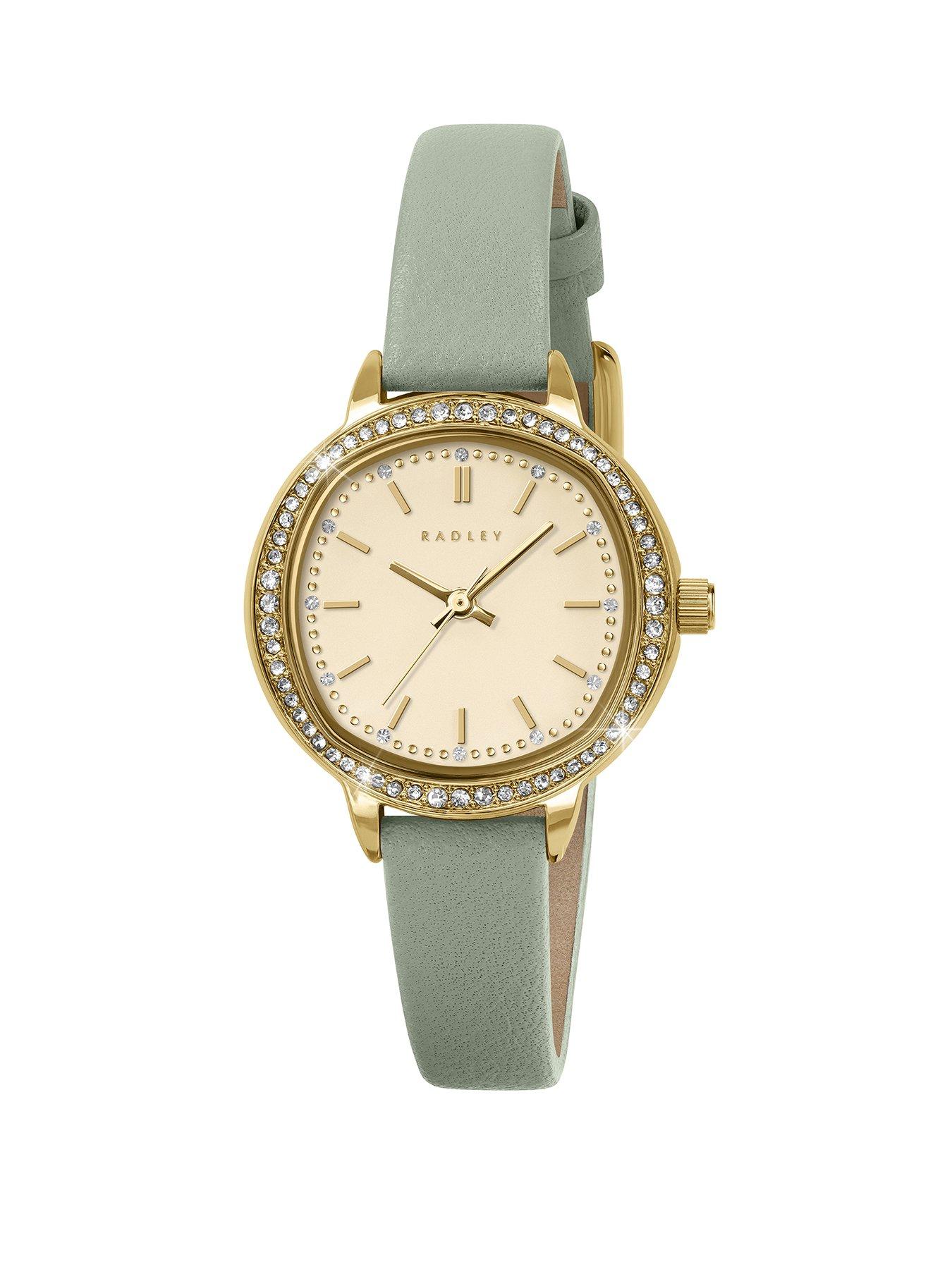 Radley Pale Gold Plated Stone Set Case Pistachio Leather Strap Watch