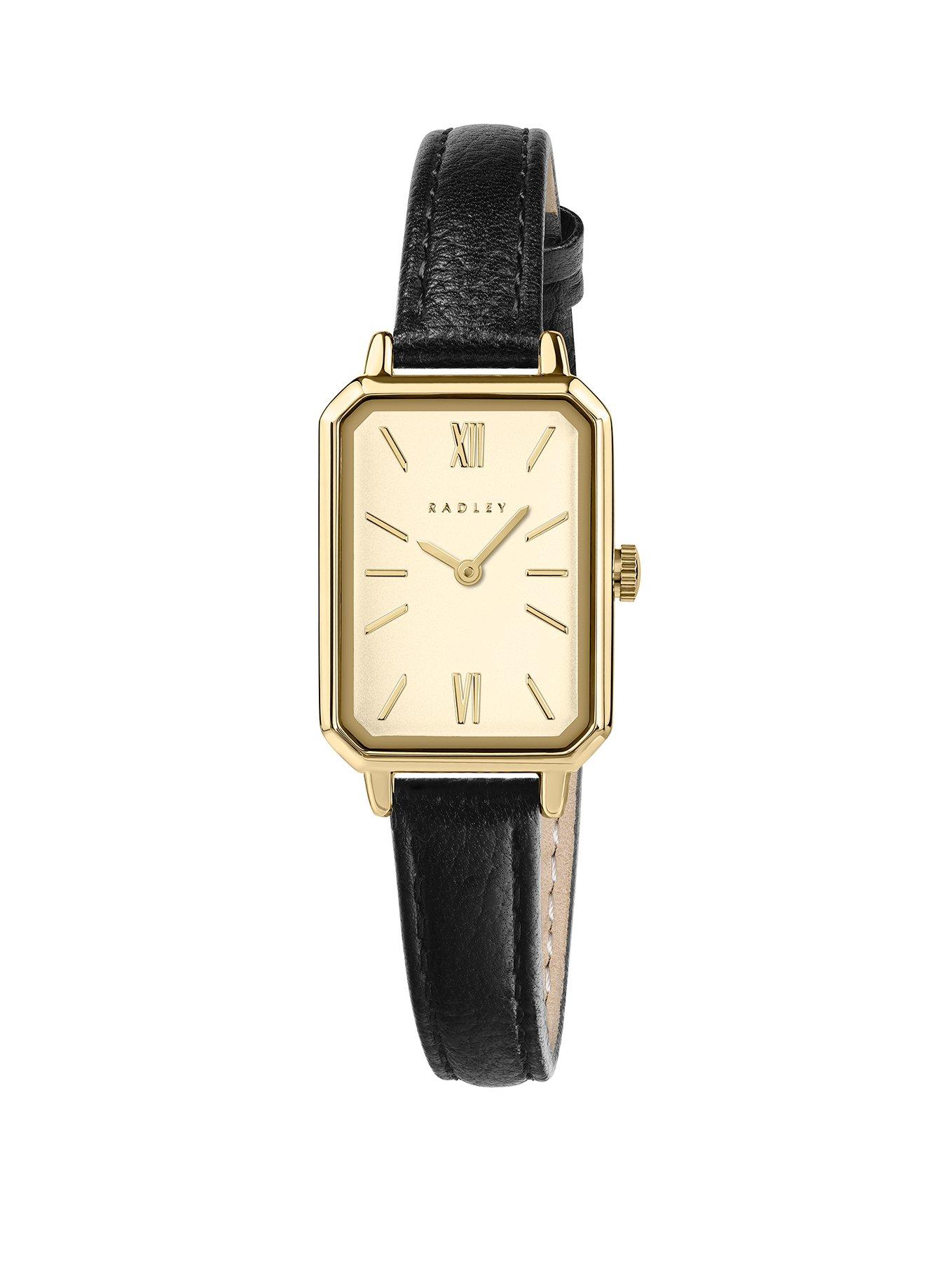 Image 1 of 4 of Radley Pale Gold Plated Rectangular Case Black Leather Strap Watch