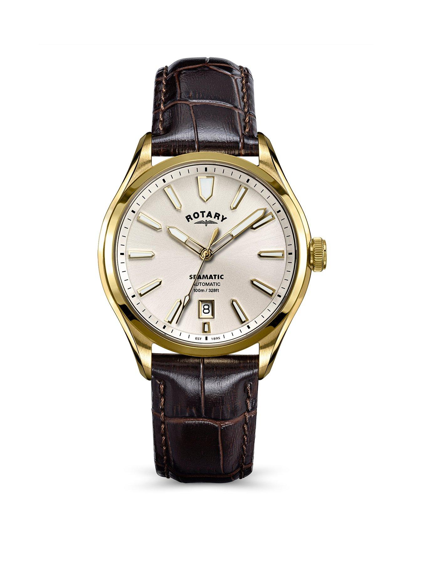 Rotary Men's Seamatic GP Brown Strap Silver White Dial 100m