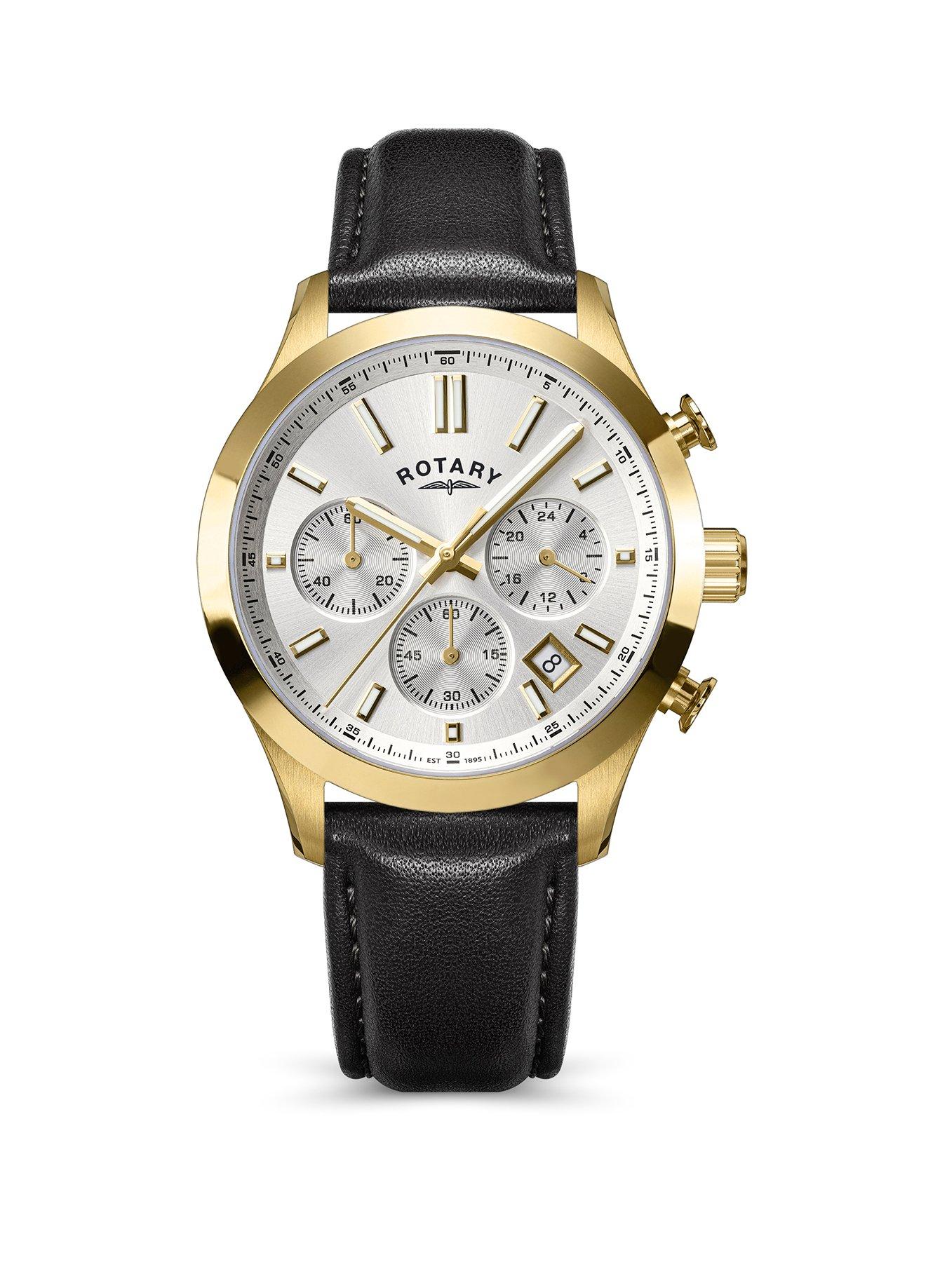 Rotary Men's GP Chronograph Black Strap Silver White Dial 50m
