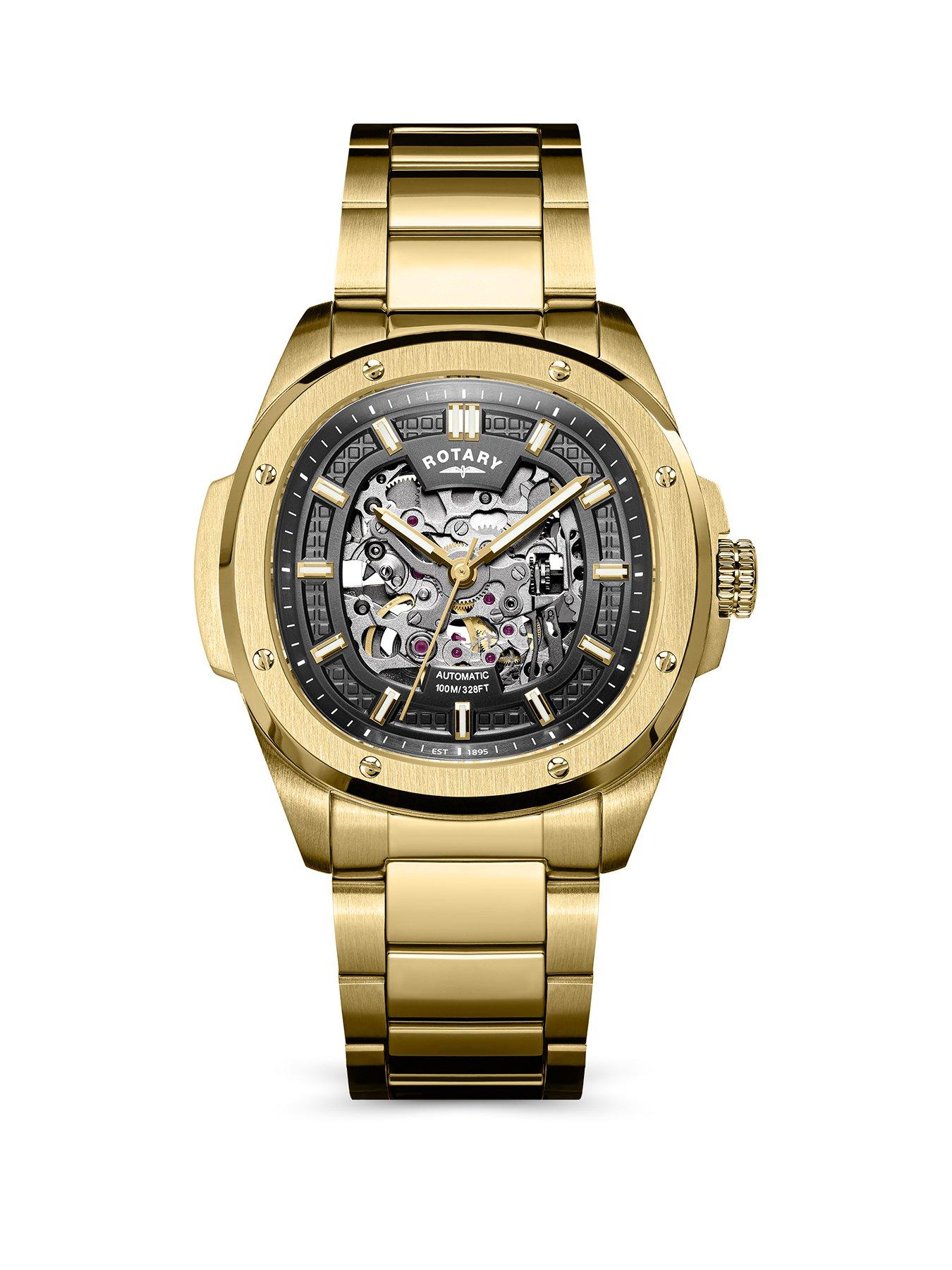 Rotary Men's Skeleton Automatic GP Bracelet Gun Dial 100m