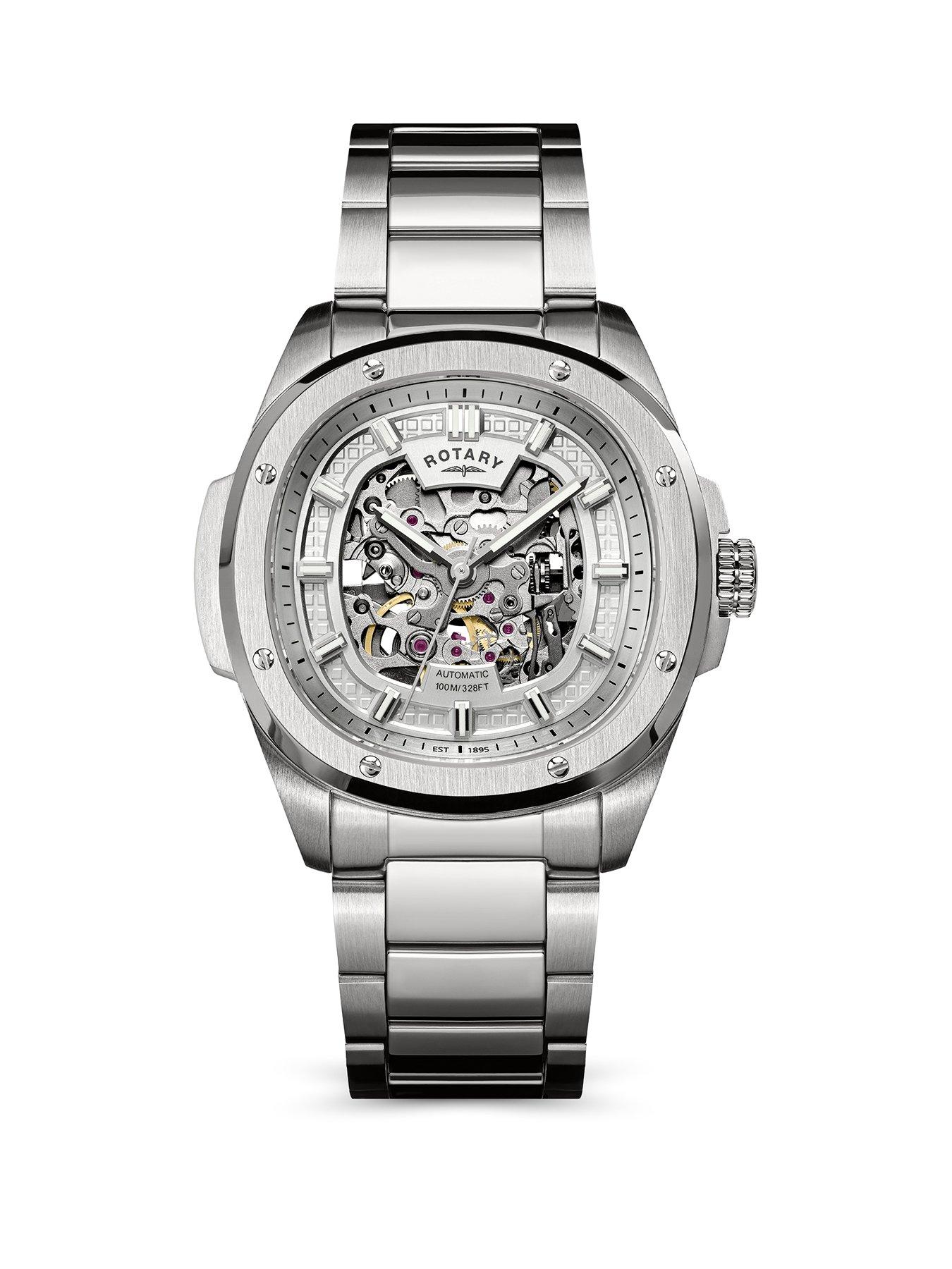 Rotary Men's Skeleton Automatic SS Bracelet Silver Dial 100m