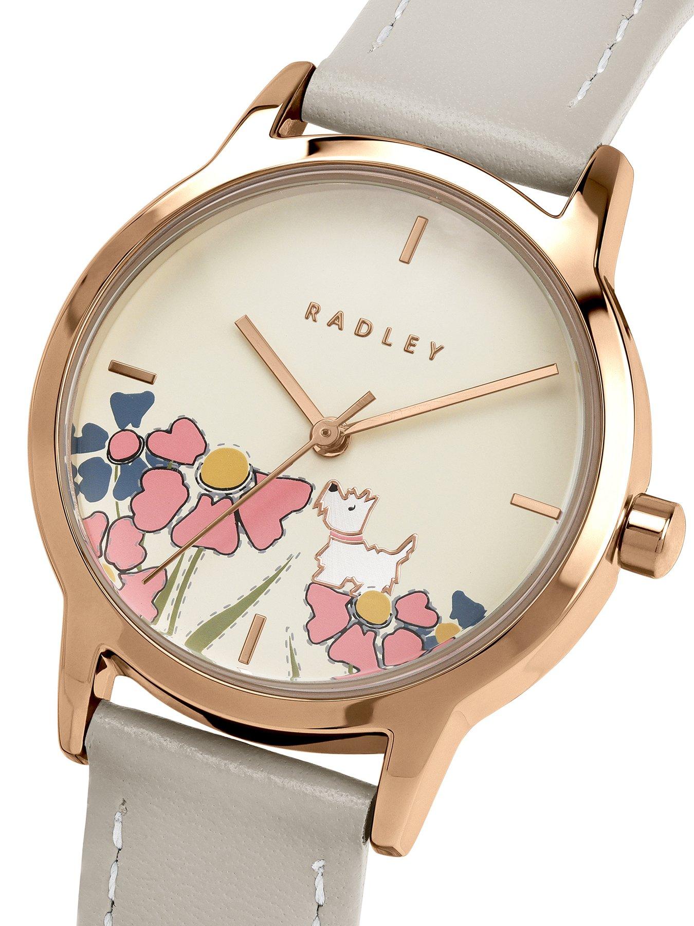 Radley Radley Rose Gold Plated Floral Dog Dial Salt Leather Strap Watch ...