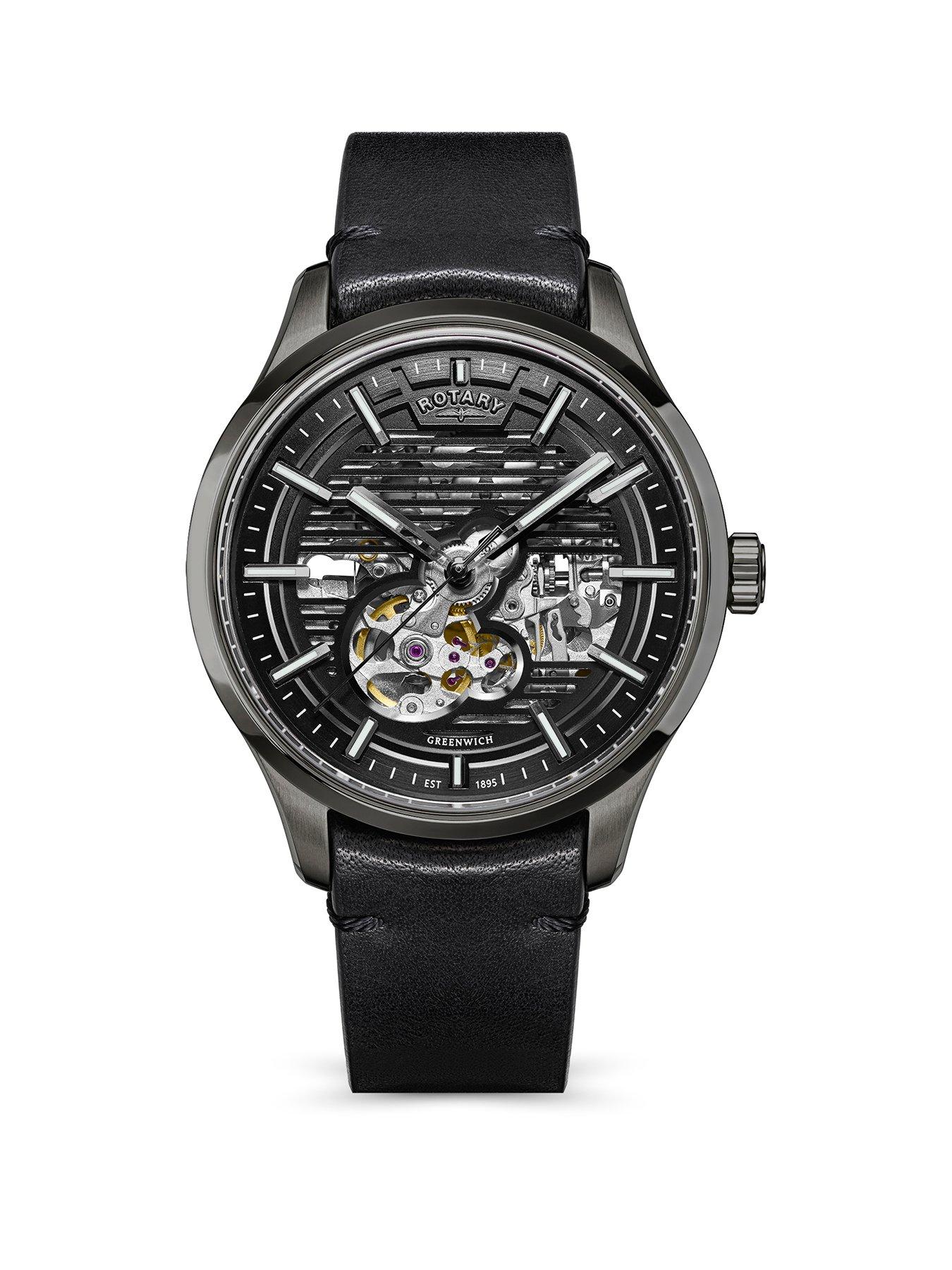Rotary Men's Greenwich Skeleton Automatic Gun Black Strap Black Dial 100m