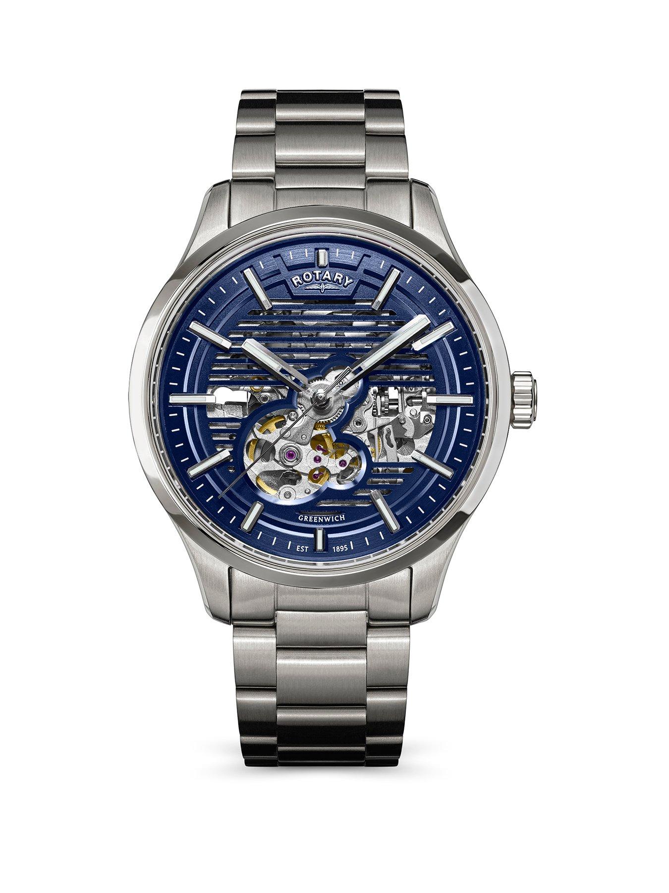 Rotary Men's Greenwich Skeleton Automatic SS Bracelet Blue Dial 100m