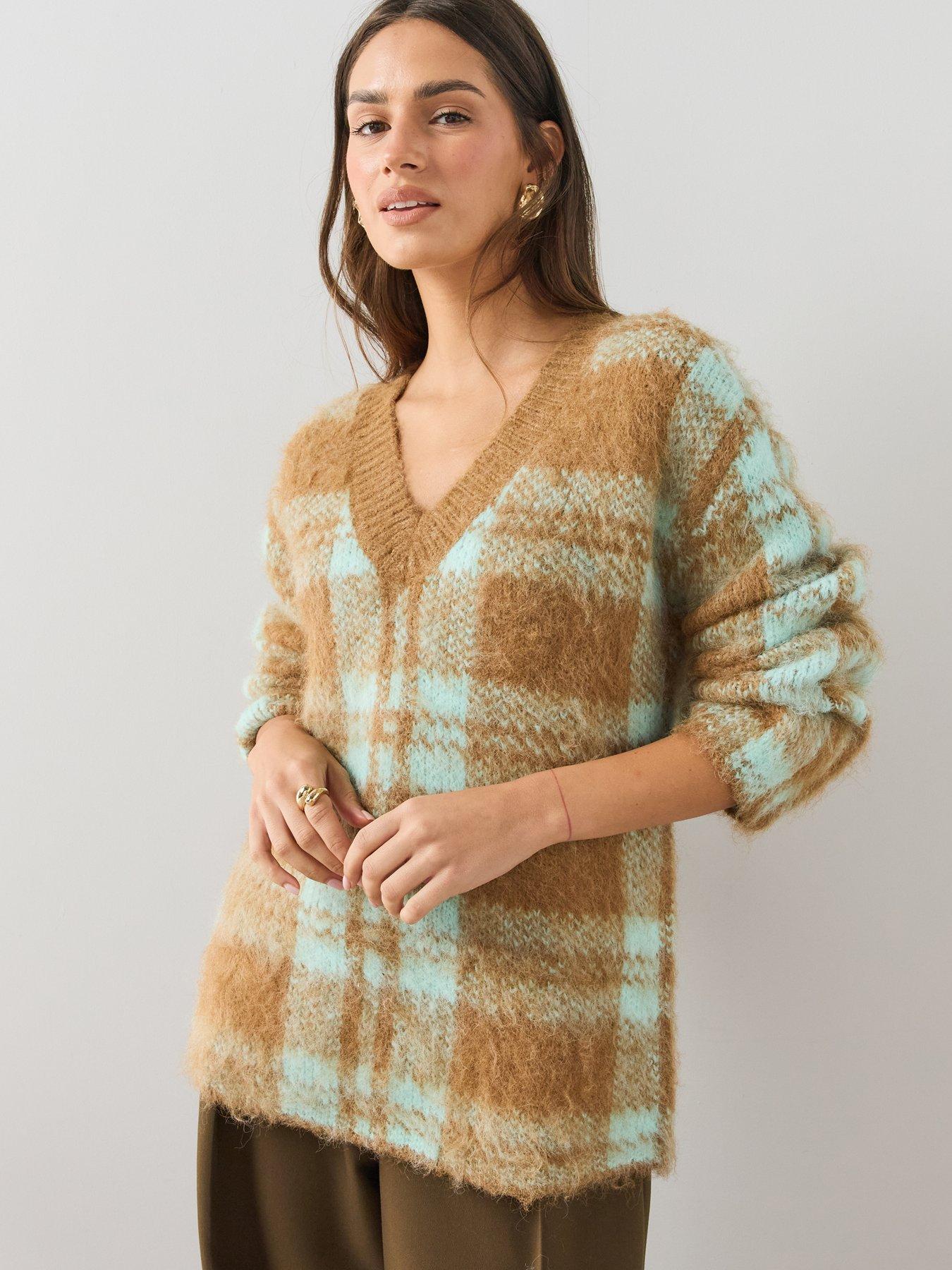 Image 5 of 6 of The Very Collection V Neck Checked Jumper With Wool - Brown / Mint