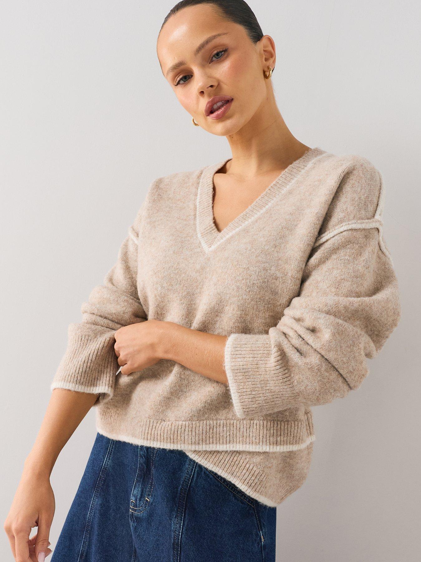 Image 1 of 7 of The Very Collection V Neck Tipping Jumper With Wool - Beige