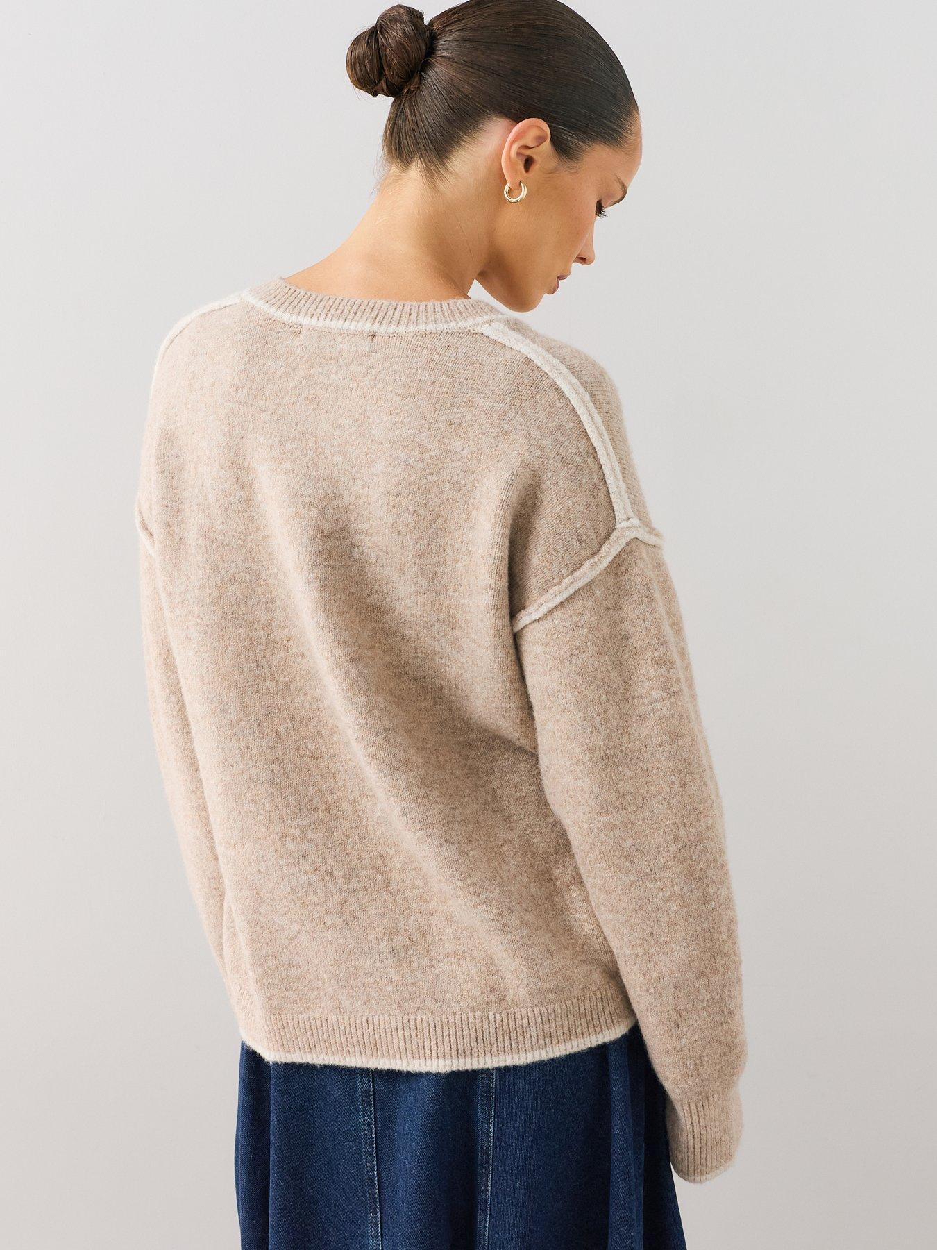 Image 2 of 7 of The Very Collection V Neck Tipping Jumper With Wool - Beige