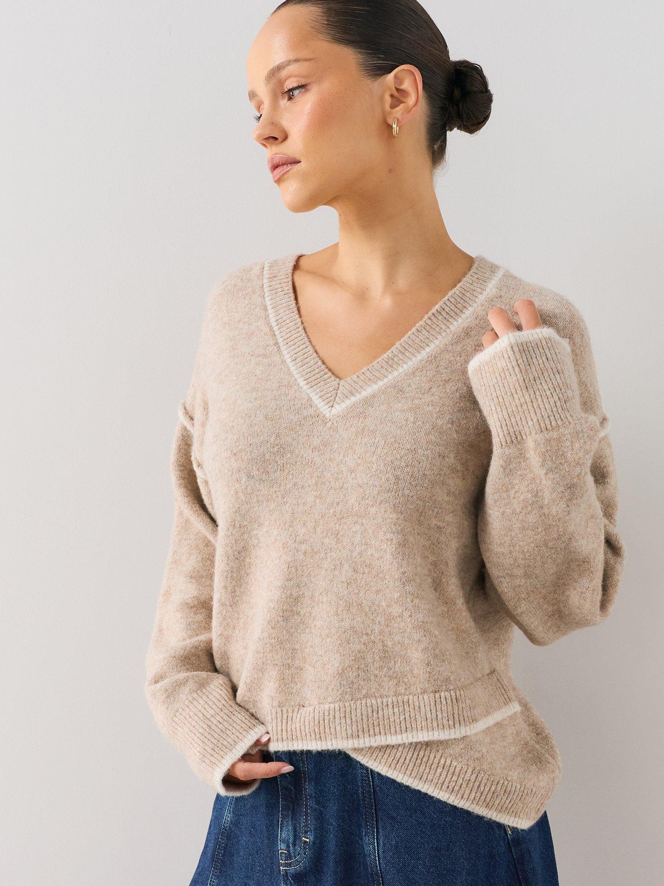 Image 4 of 7 of The Very Collection V Neck Tipping Jumper With Wool - Beige