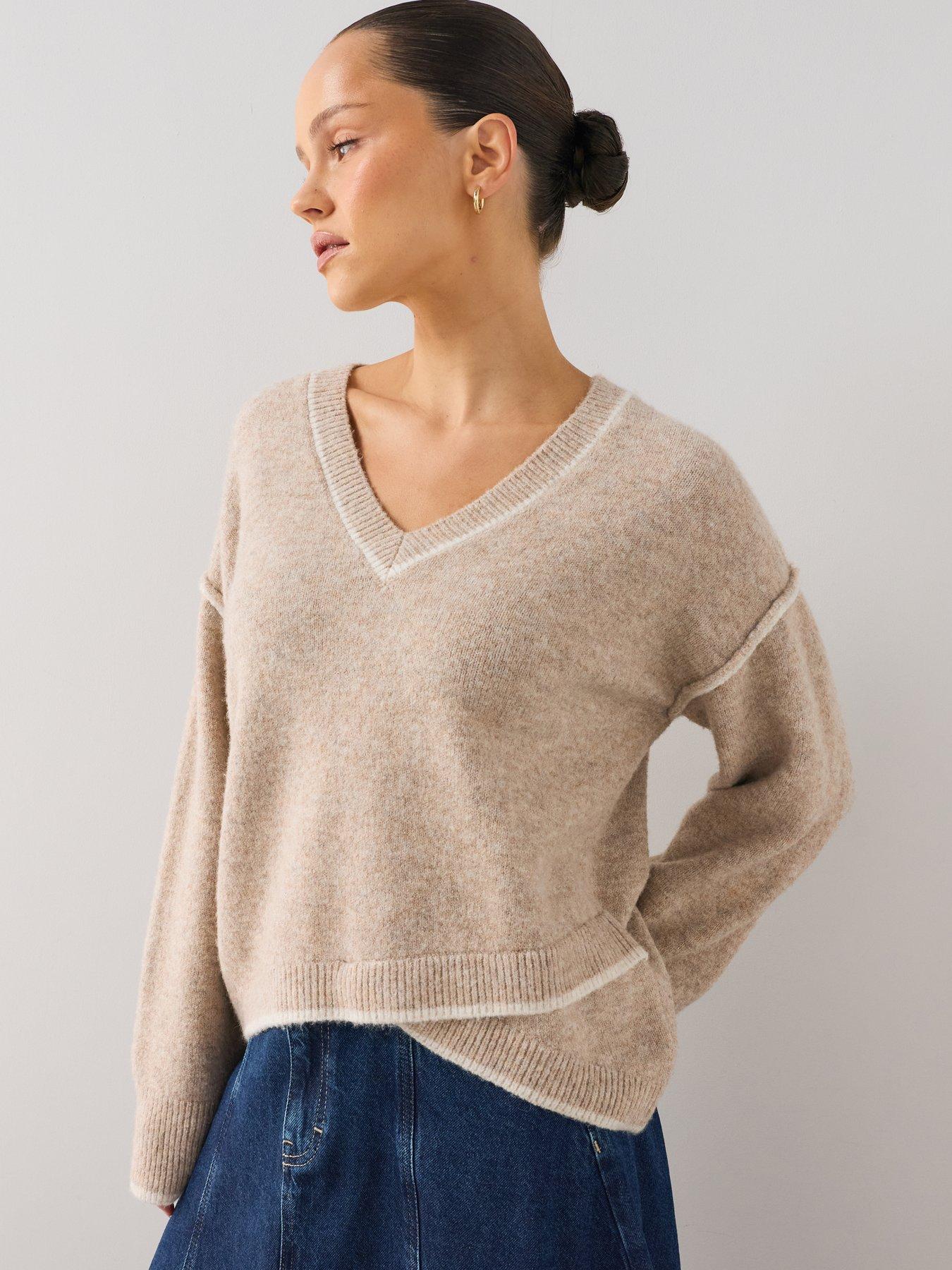 Image 5 of 7 of The Very Collection V Neck Tipping Jumper With Wool - Beige