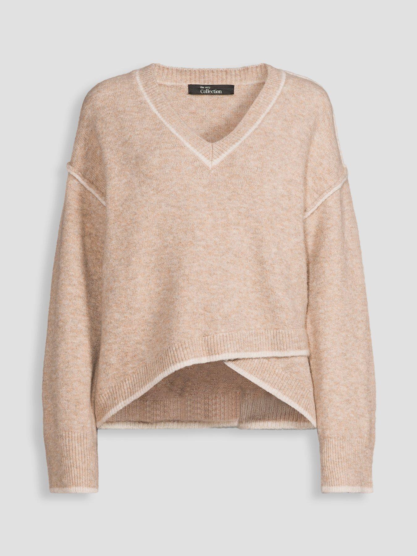 Image 7 of 7 of The Very Collection V Neck Tipping Jumper With Wool - Beige