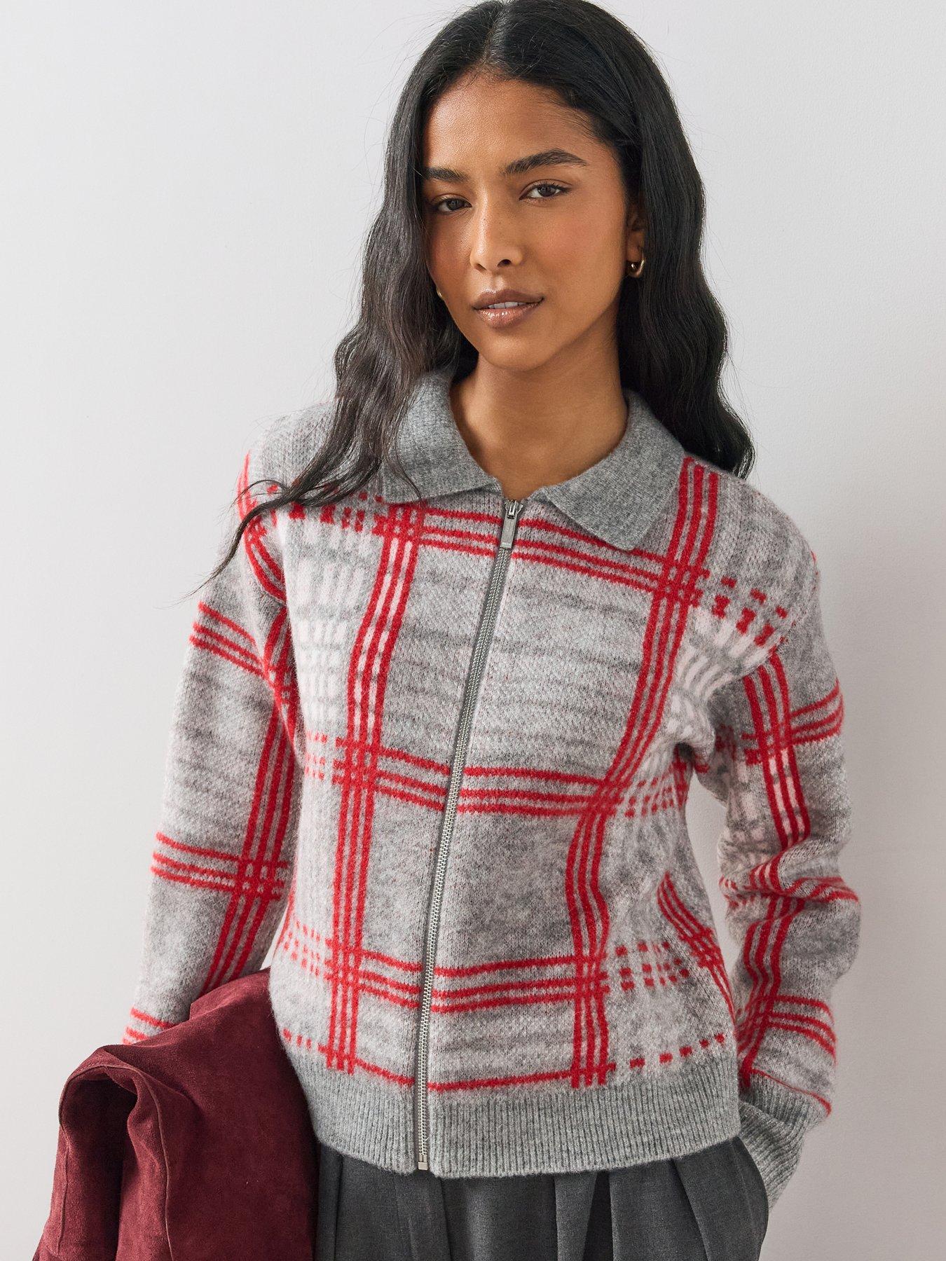 Image 1 of 7 of The Very Collection Collared Neck Zip Through Check Cardigan With Wool - Grey