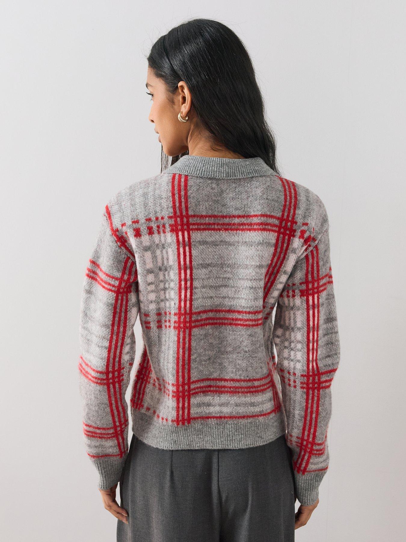 Image 2 of 7 of The Very Collection Collared Neck Zip Through Check Cardigan With Wool - Grey