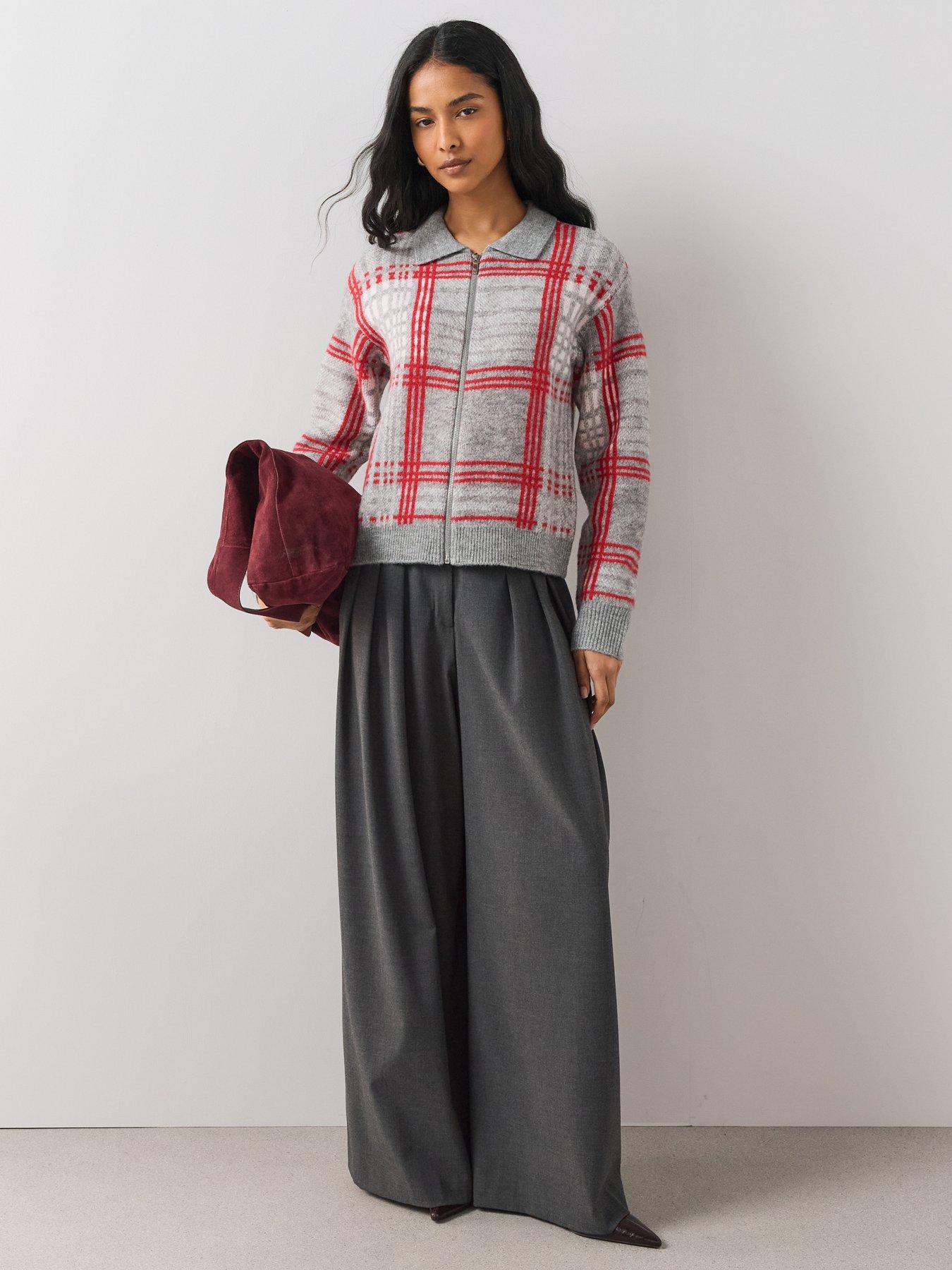 Image 3 of 7 of The Very Collection Collared Neck Zip Through Check Cardigan With Wool - Grey
