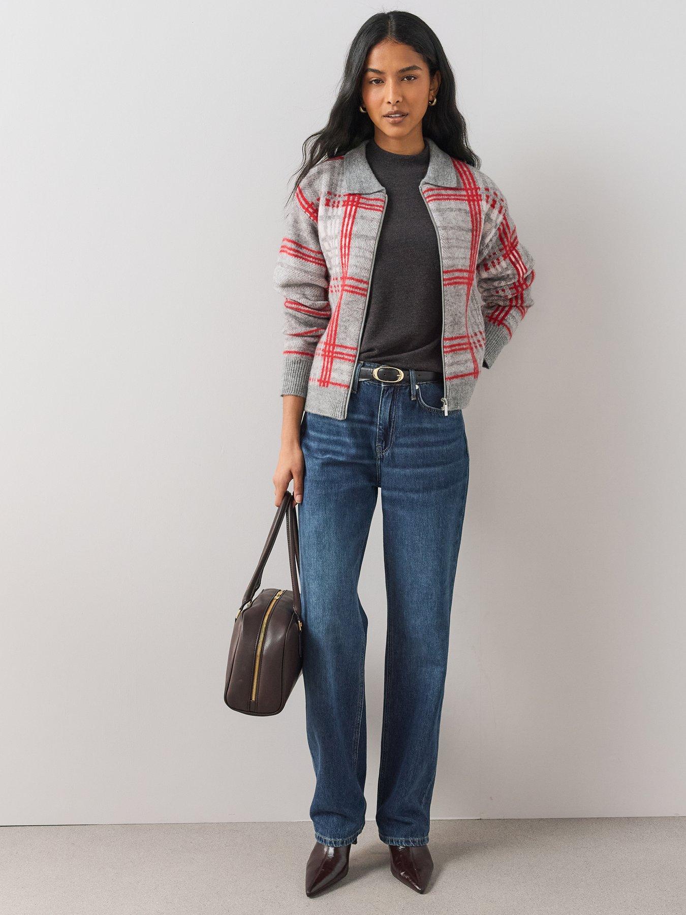 Image 4 of 7 of The Very Collection Collared Neck Zip Through Check Cardigan With Wool - Grey