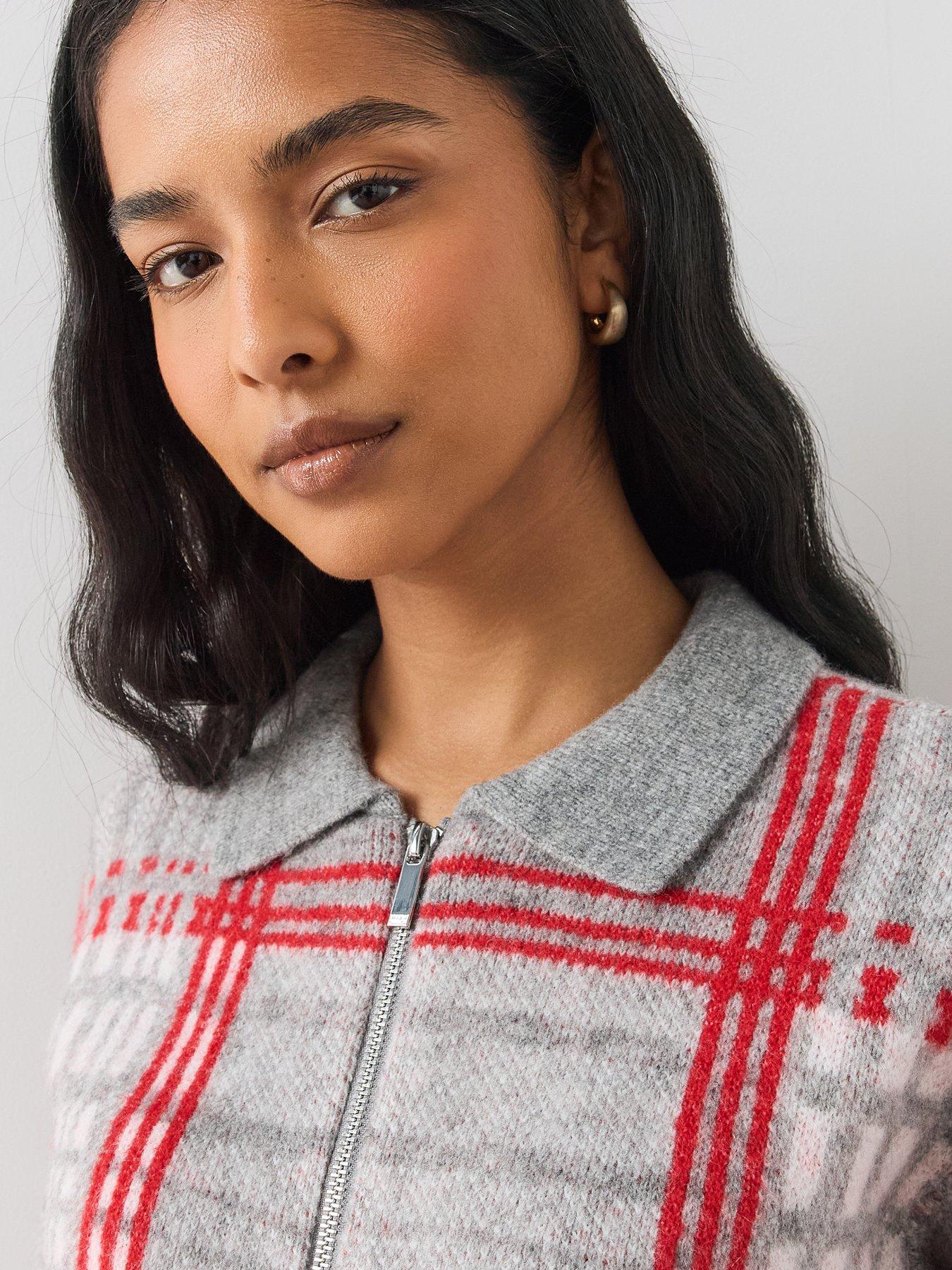 Image 5 of 7 of The Very Collection Collared Neck Zip Through Check Cardigan With Wool - Grey