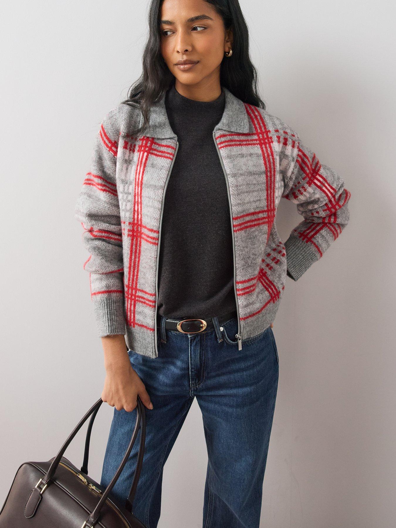 Image 6 of 7 of The Very Collection Collared Neck Zip Through Check Cardigan With Wool - Grey
