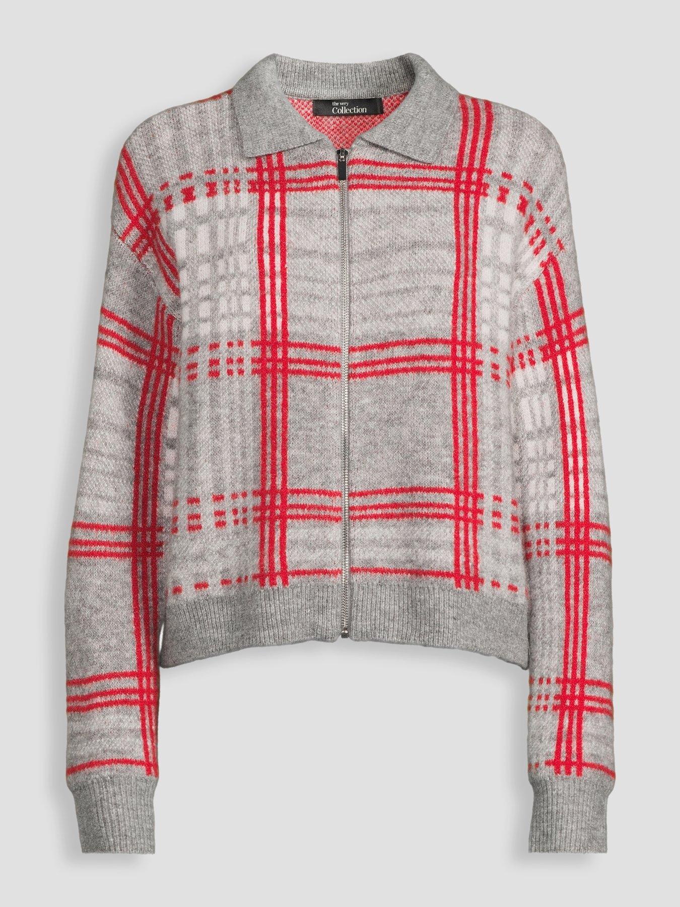 Image 7 of 7 of The Very Collection Collared Neck Zip Through Check Cardigan With Wool - Grey