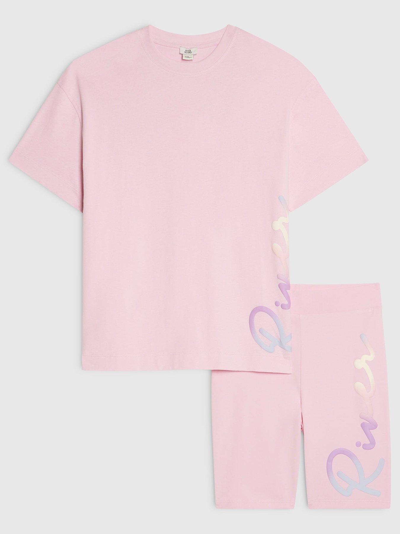 Image 1 of 4 of River Island Girls Rainbow Shorts Set - Pink