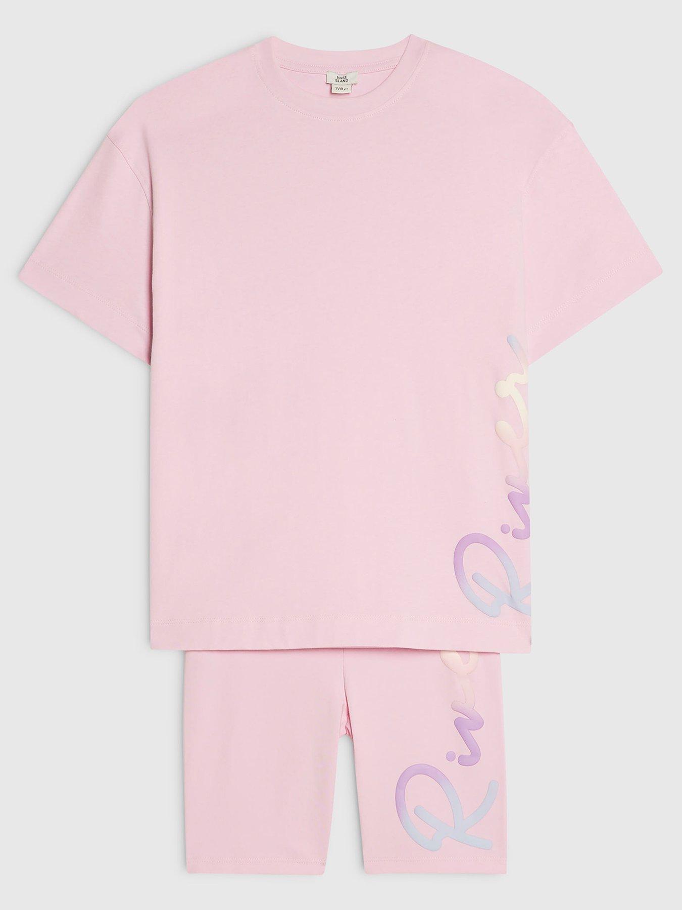 Image 2 of 4 of River Island Girls Rainbow Shorts Set - Pink