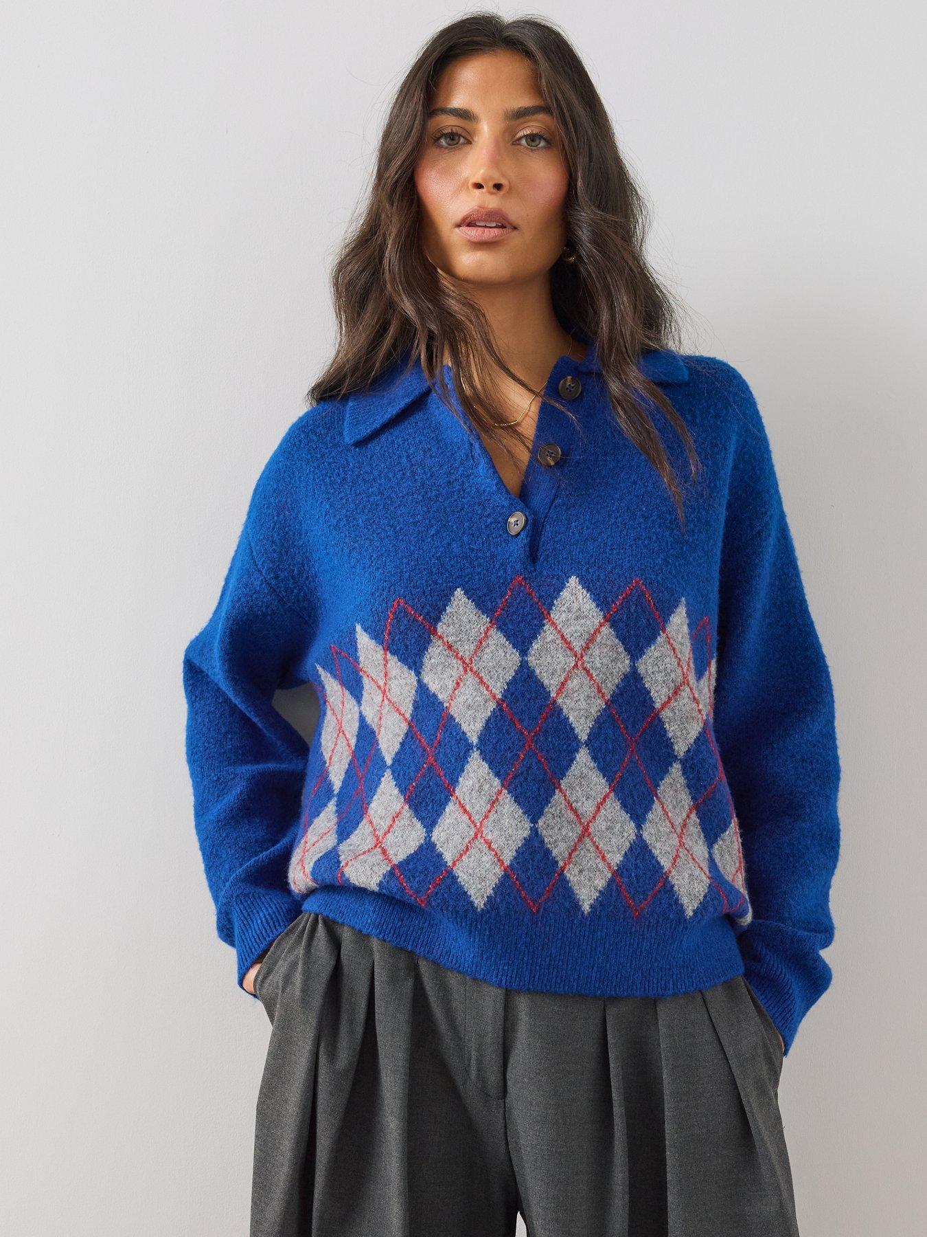 Image 1 of 6 of The Very Collection Womens Collared Button Placket Argyle Jumper - Blue