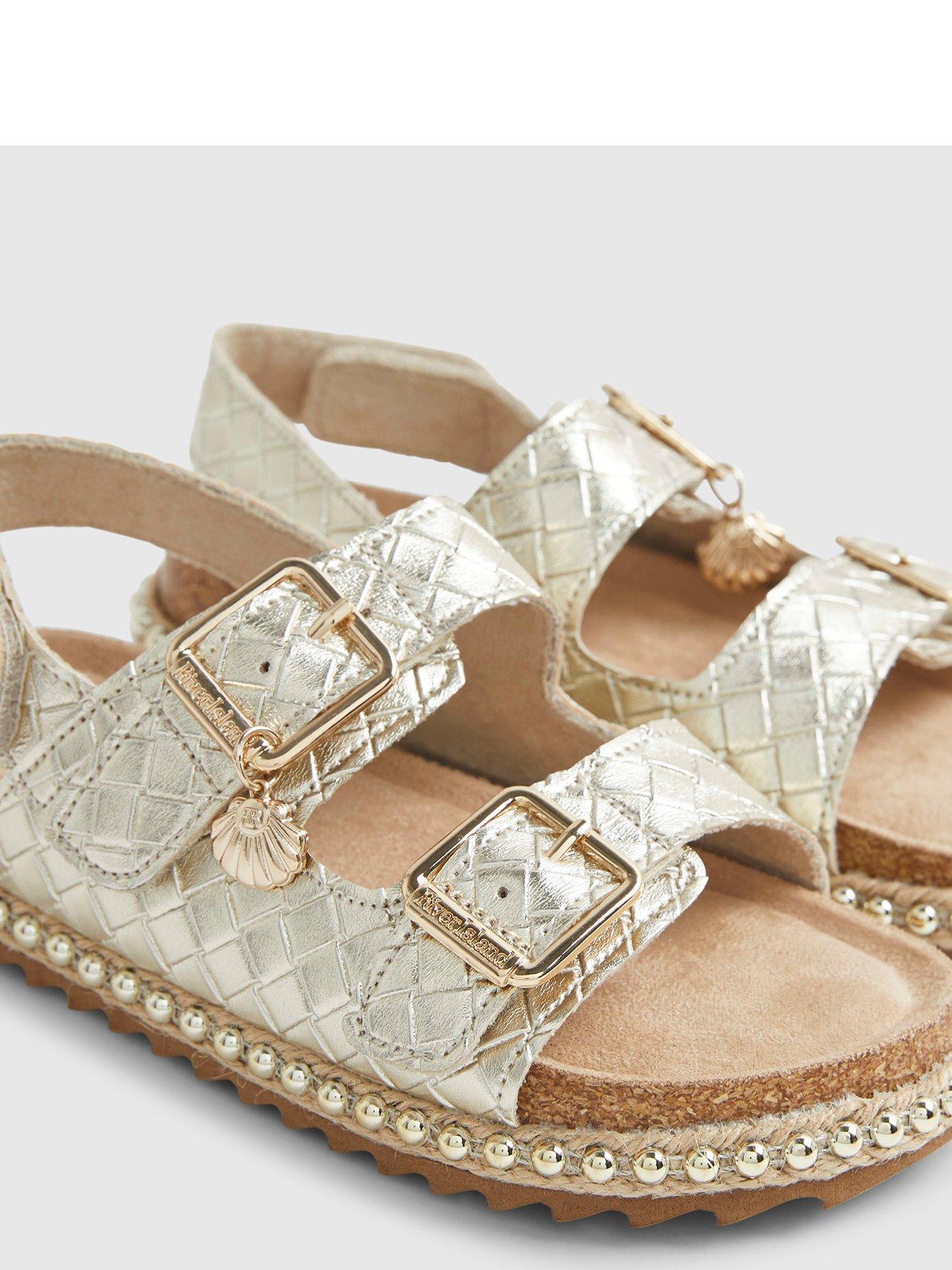 Image 4 of 5 of River Island Older Girls Weave Buckle Footbed Sandals - Gold