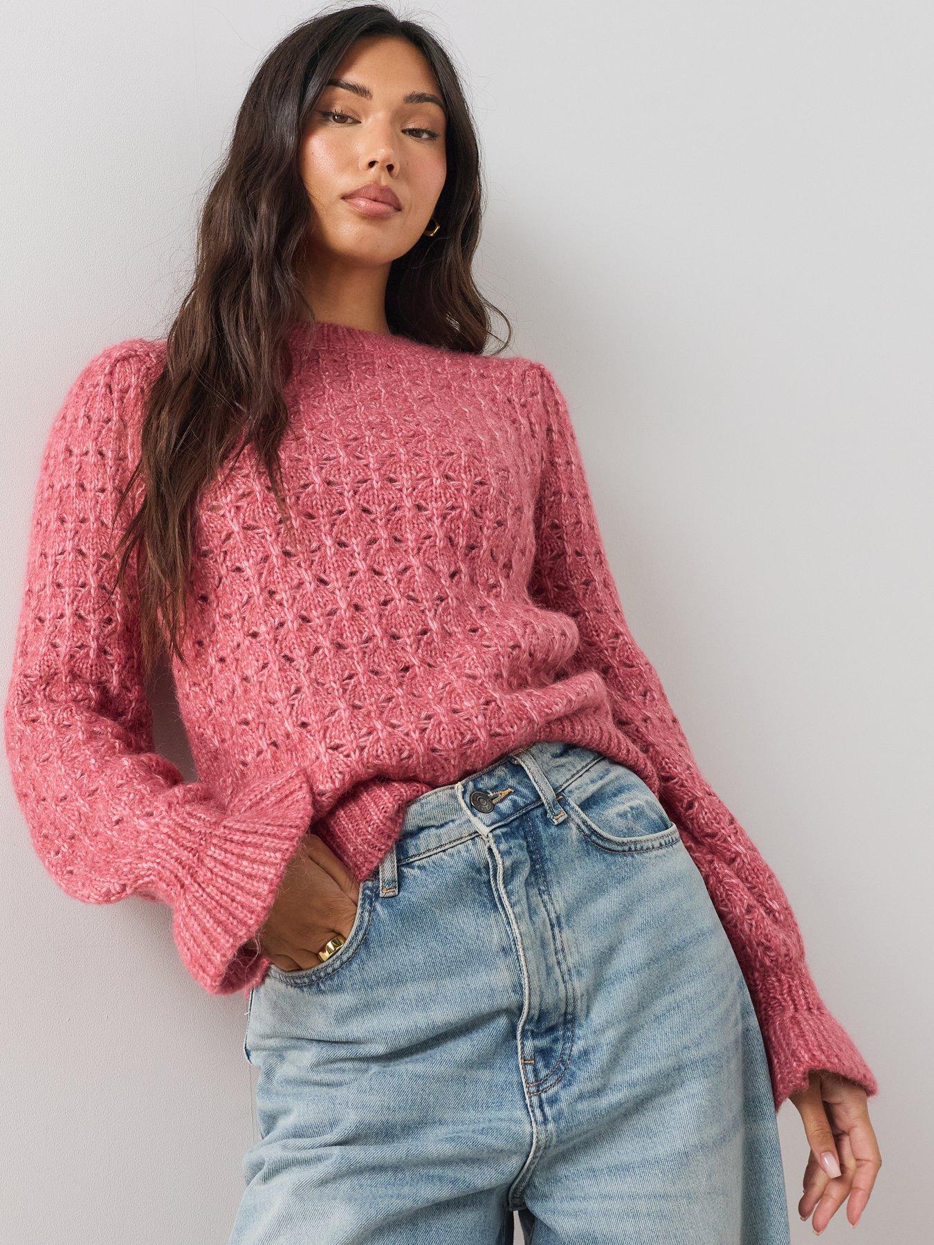 Image 1 of 6 of The Very Collection Crew Neck Open Stitch Frill Jumper With Wool - Pink